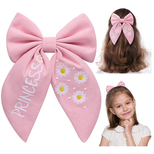 SWEETV Lazos grandes de lino para el pelo para niñas, hechos a mano, lazo floral de algodón, accesorios para el cabello, pinzas para el cabello de flores de primavera, pasadores, lazos para el pelo