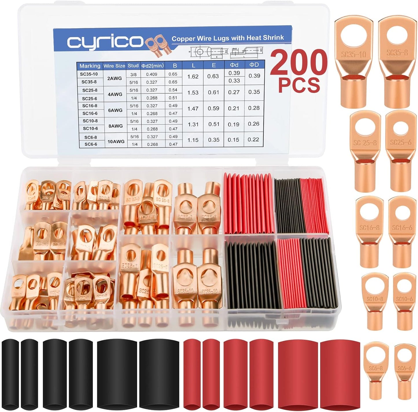 200pcs Battery Cable Ends, Copper Wire Lugs AWG 2 4 6 8 10 Gauge - 100Pcs Battery Cable Lugs Ring Terminal Connectors with 100Pcs Heat Shrink Assortment Kit for Marine Automotive Electrical Supplies