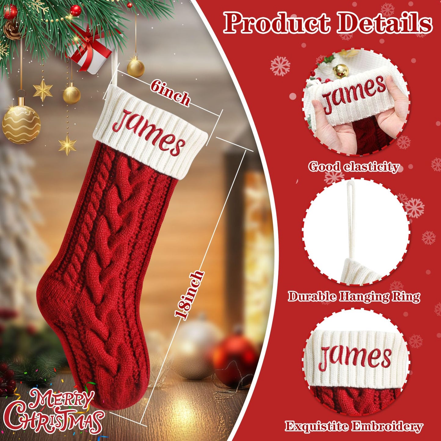 Personalized Christmas Stockings, 18” Large Custom Stockings with Embroidered Name, 1 Pack Knitted Xmas Stocking for Kids,Holiday and Family Stocking for Fireplace Christmas Party Decoration (A)