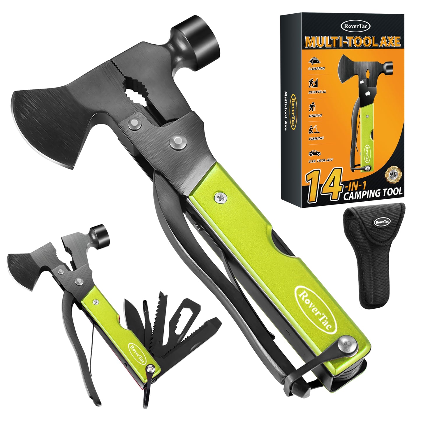 RoverTac 14-in-1 Multitool Camping Axe Hatchet – Essential Camping Gear with Knife, Hammer, Saw, Bottle Opener, Screwdriver – Multi Tool with Sheath – Gifts for Men, Dad, and Outdoor Adventures