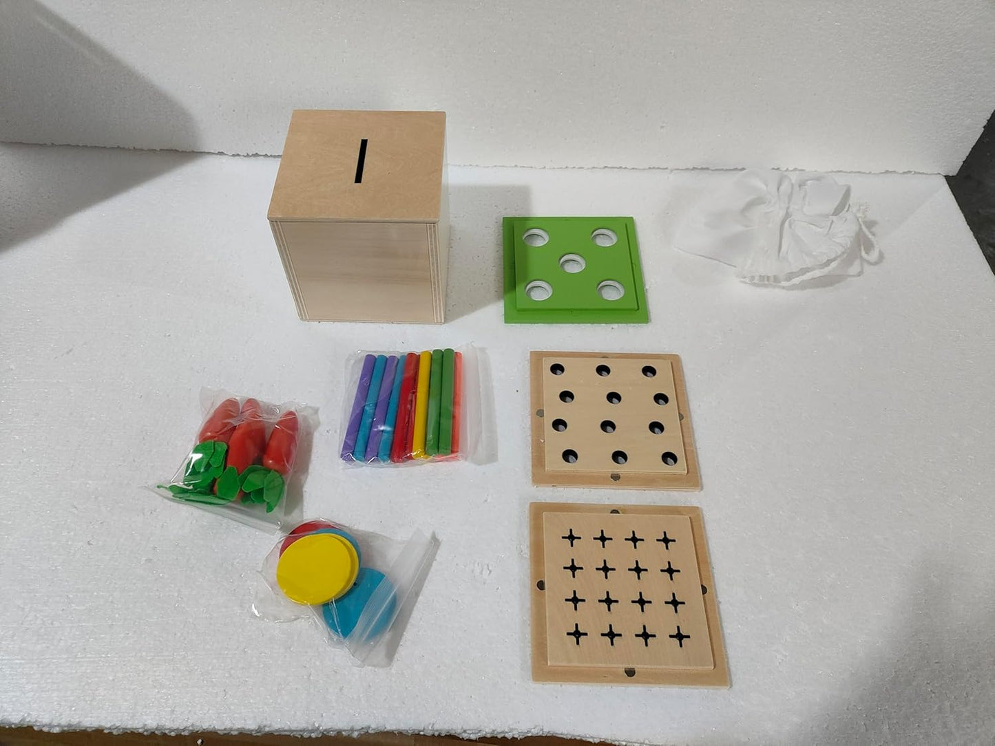 4 in 1 Montessori Play Kit Box - Cotton Swab Board, Coin Box, Carrot Harvest Game, Matchstick Color Drop Game Montessori Toys for Babies 6-12 Months, 1 Year, 2 Year