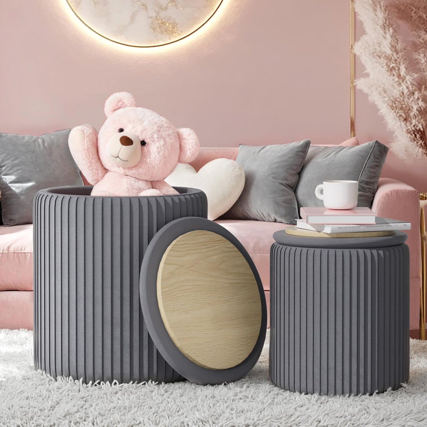 WENRENER Round Ottoman Set of 2 with Storage, Velvet Vanity Stool for Makeup, Modern Grey Ottoman Foot Rest Coffee Table Padded Seat for Living Room & Bedroom