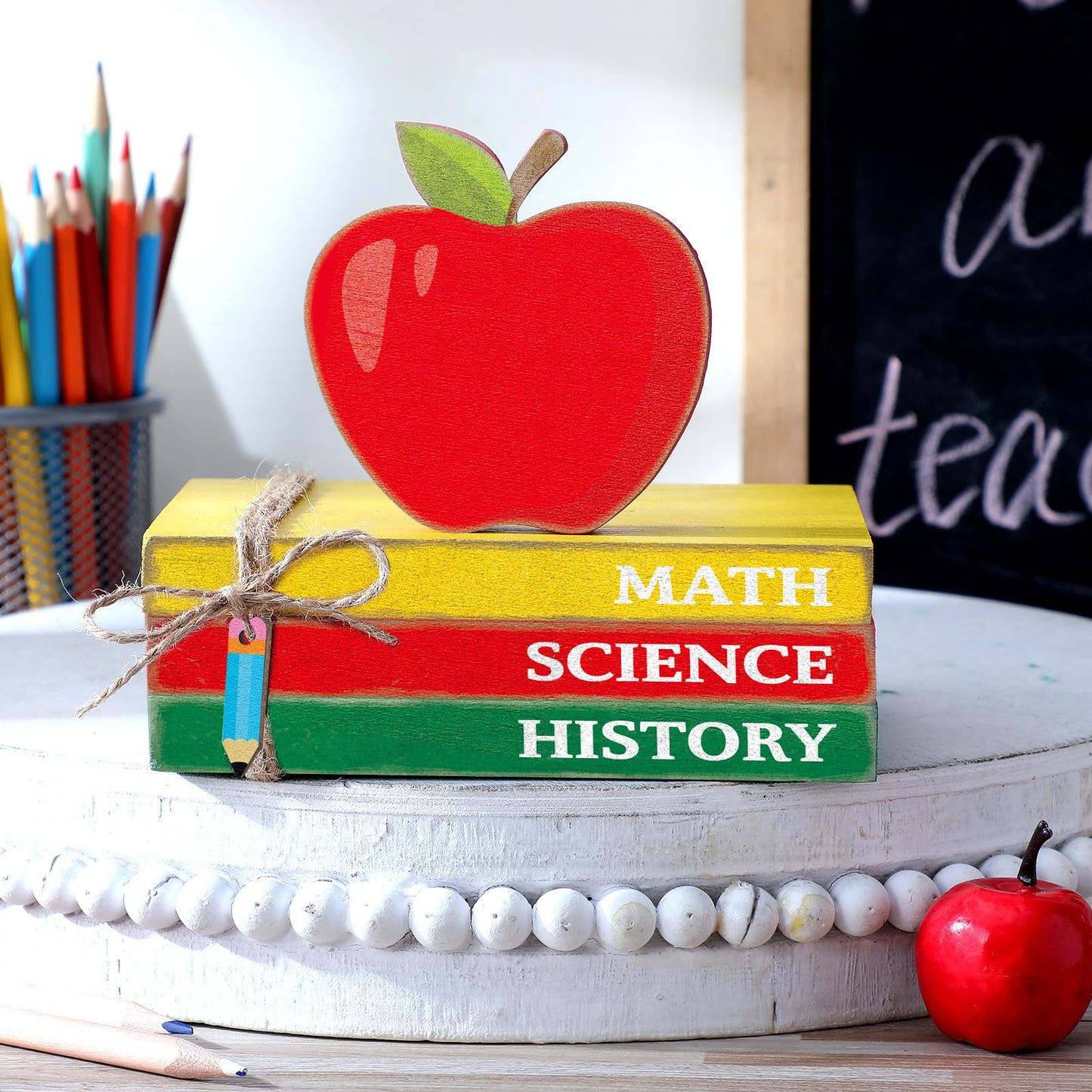Yousoontic 4 Pcs Back to School Table Decor First Day of School Tiered Tray Decoration Apple Book Pencil Classroom Decor Wood Stacks Books Centerpiece for Classroom Home Office Desk Decorations