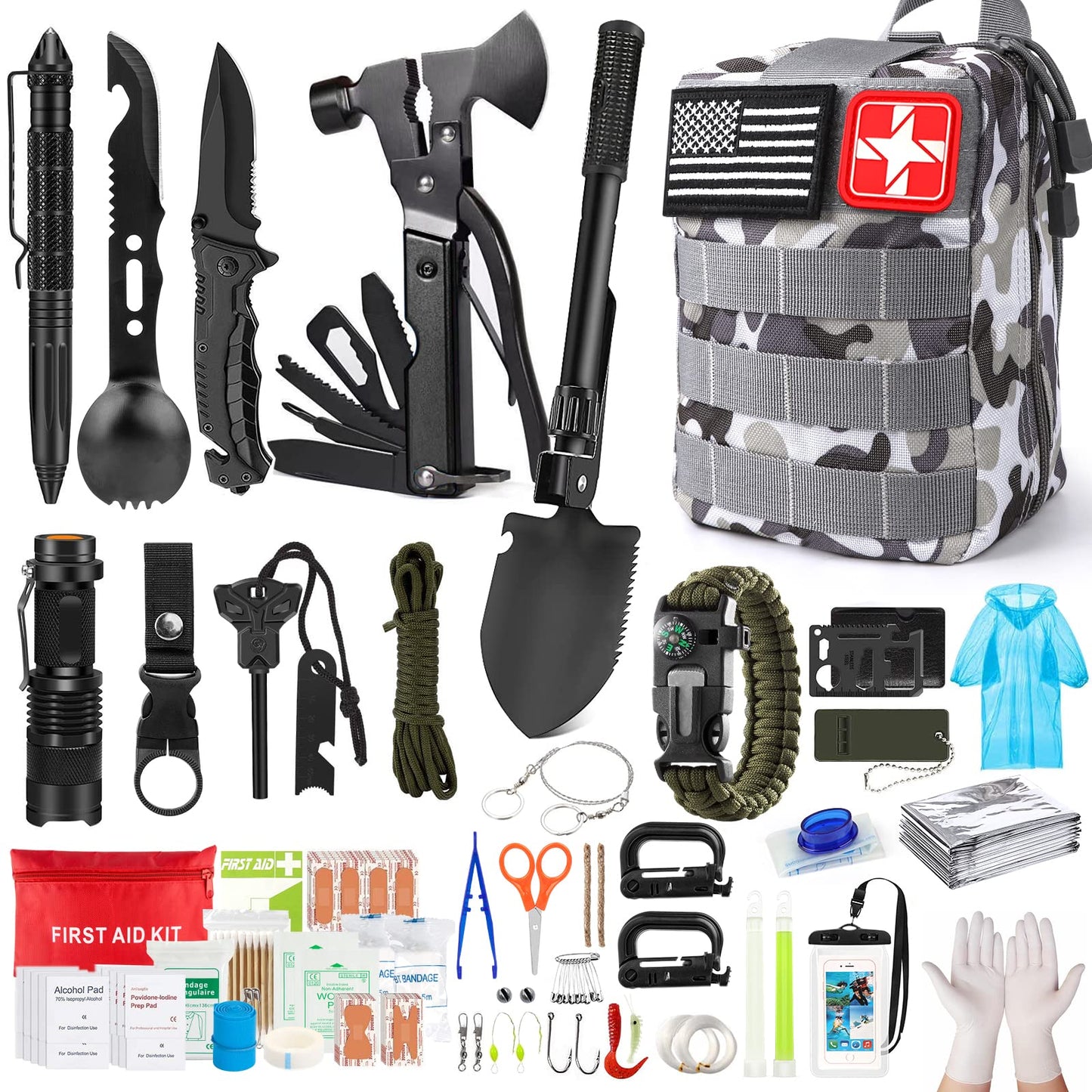 Survival Kits,222 PCS Emergency Survival Gear First Aid Kits with Molle System Compatible Bag Outdoor Camping Gear Emergency Kits for Hunting,Hiking,Fishing, Gifts for Men Women