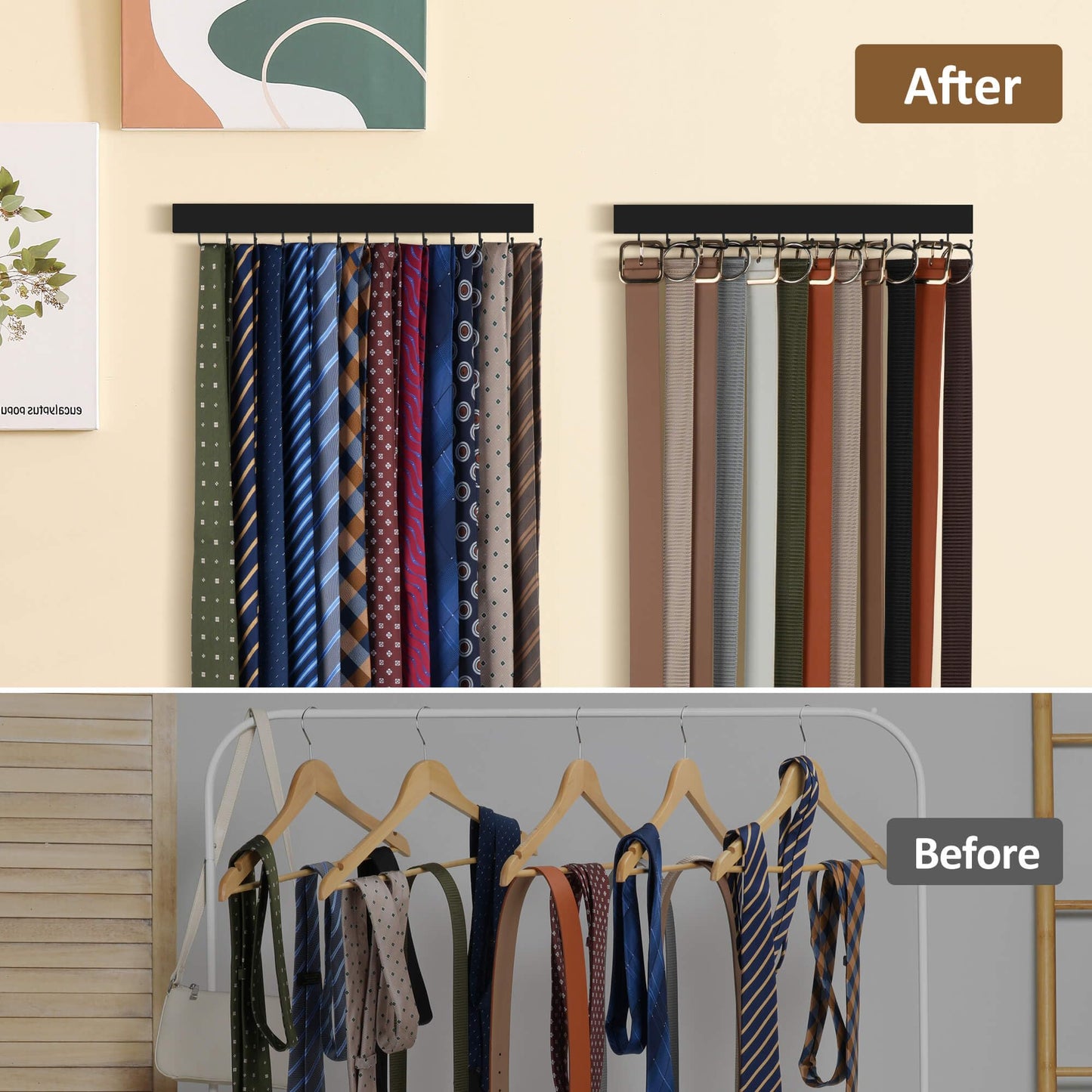 ZEDODIER 2 Pack Wodden Tie Hanger Wall Mounted, Space Saving Belt Organizer for Man with 24 180° Rotating Hooks, Space Saving Belt Storage Holder, Black