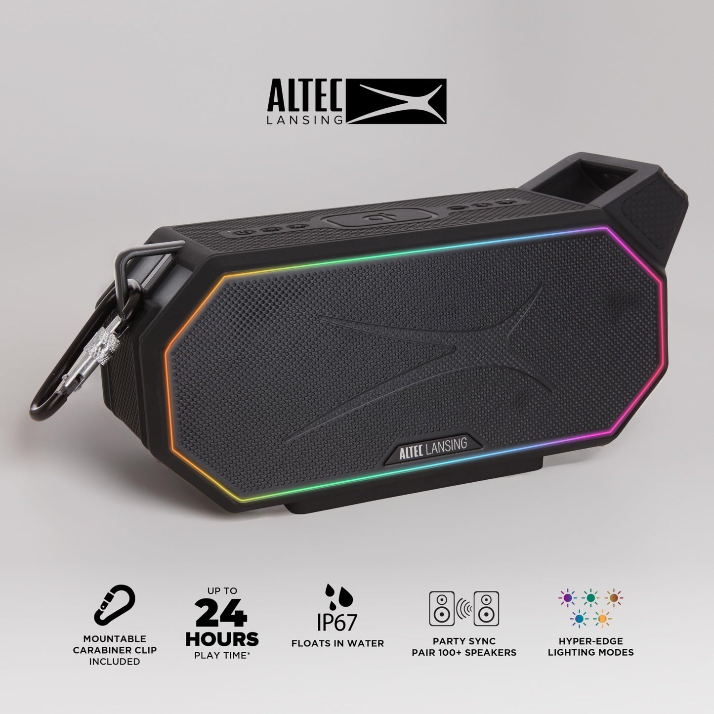 Altec Lansing Portable Bluetooth Speaker HYDRABOOM 2.0, 32W Output Power, 16Hr Playtime, Party Sync, Qi Wireless Charging, Everything-Proof, Voice Assistant Compatible - Black
