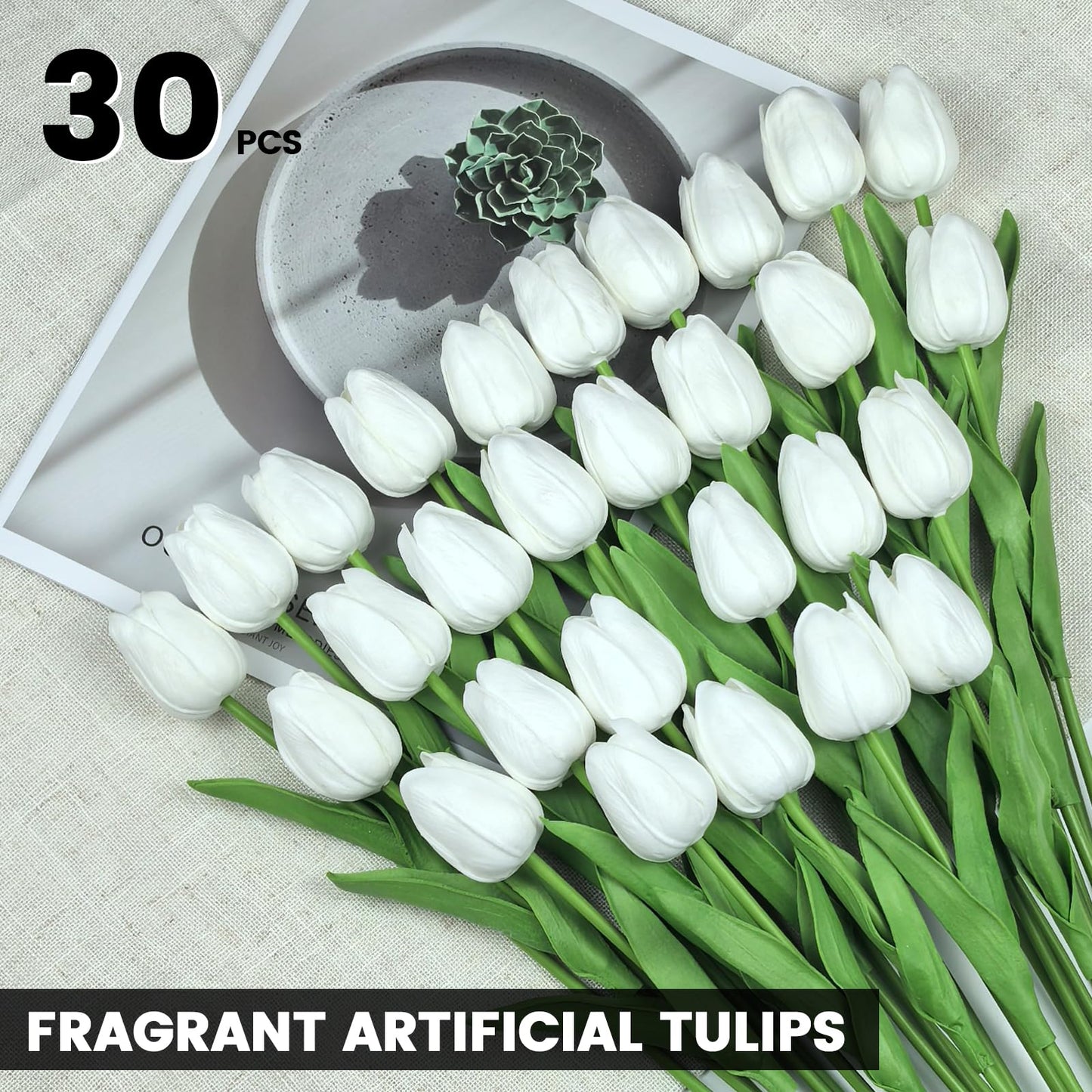 Subacy 30 PCS Artificial Tulips 13.5inch Long Fake Flowers Real Touch Tulips Silk Flowers for Spring Easter Mother's Day Decorations (White)