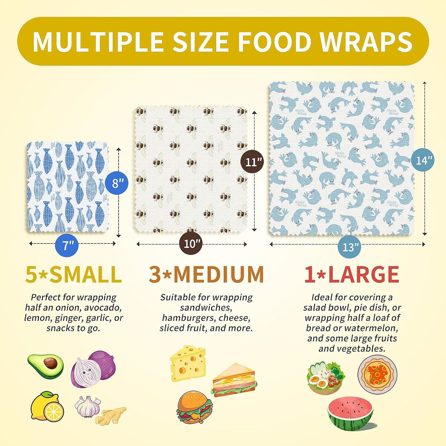 Beeswax Food Wrap 9-Pack (5S 3M 1L), Reusable Beeswax Wraps, Beeswax Wraps Reusable Sustainable Food Storage, Plastic-Free/Seal Bee Fish