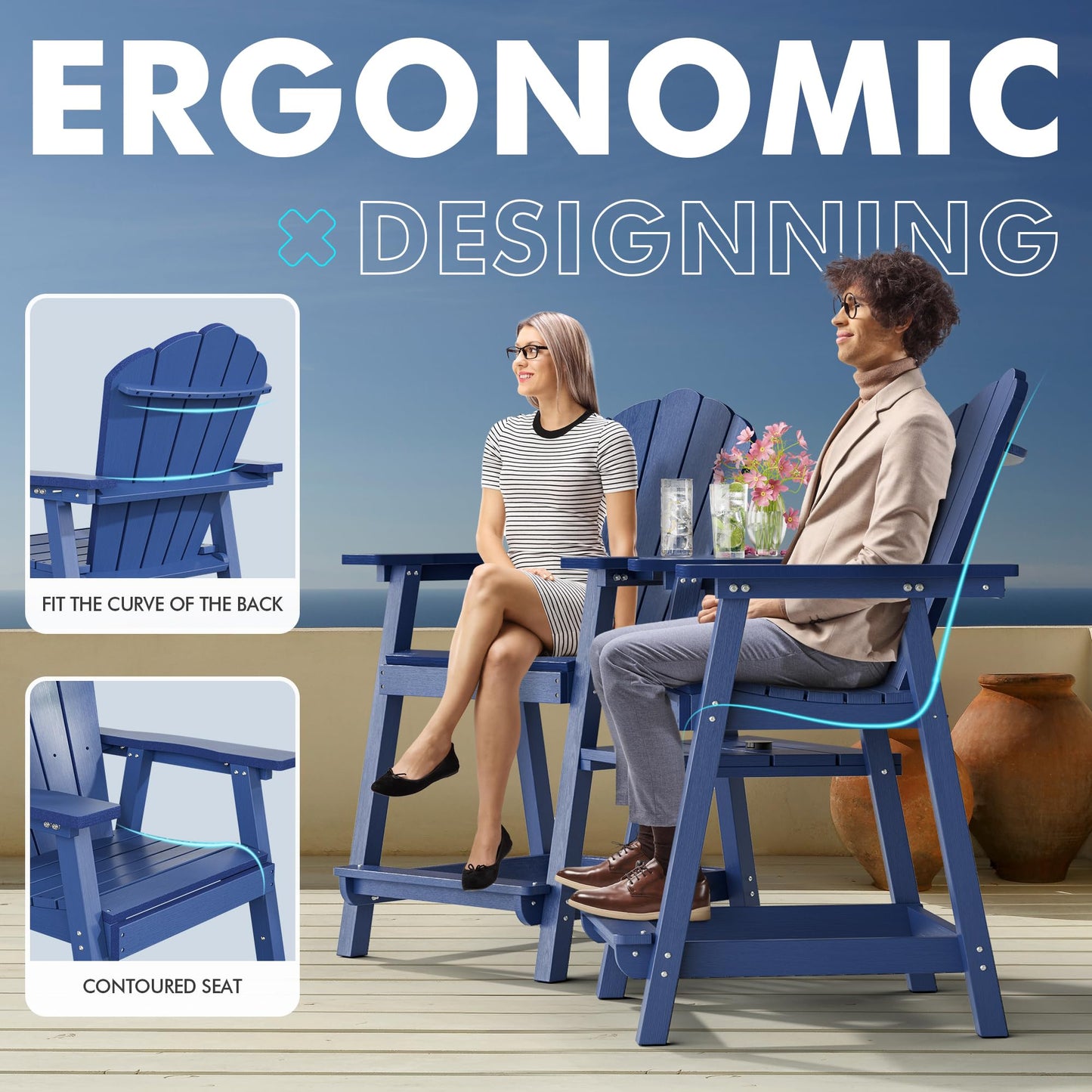 PatioPerk Tall Adirondack Chair Set of 4 with Double Connecting Tray, Recycled HDPE with Wood Grain, Weather Resistant, Outdoor Adirondack Chairs for Deck, Balcony, Patio, Backyard, Navy Blue