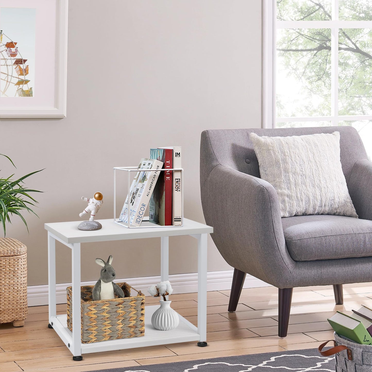 Cakokow Under Desk Printer Stand - 2-Tier Industrial Mobile Printer Table with Storage Shelf, Heavy Duty Wood Rolling Printer Cart with Wheels for Home and Office,Maple White