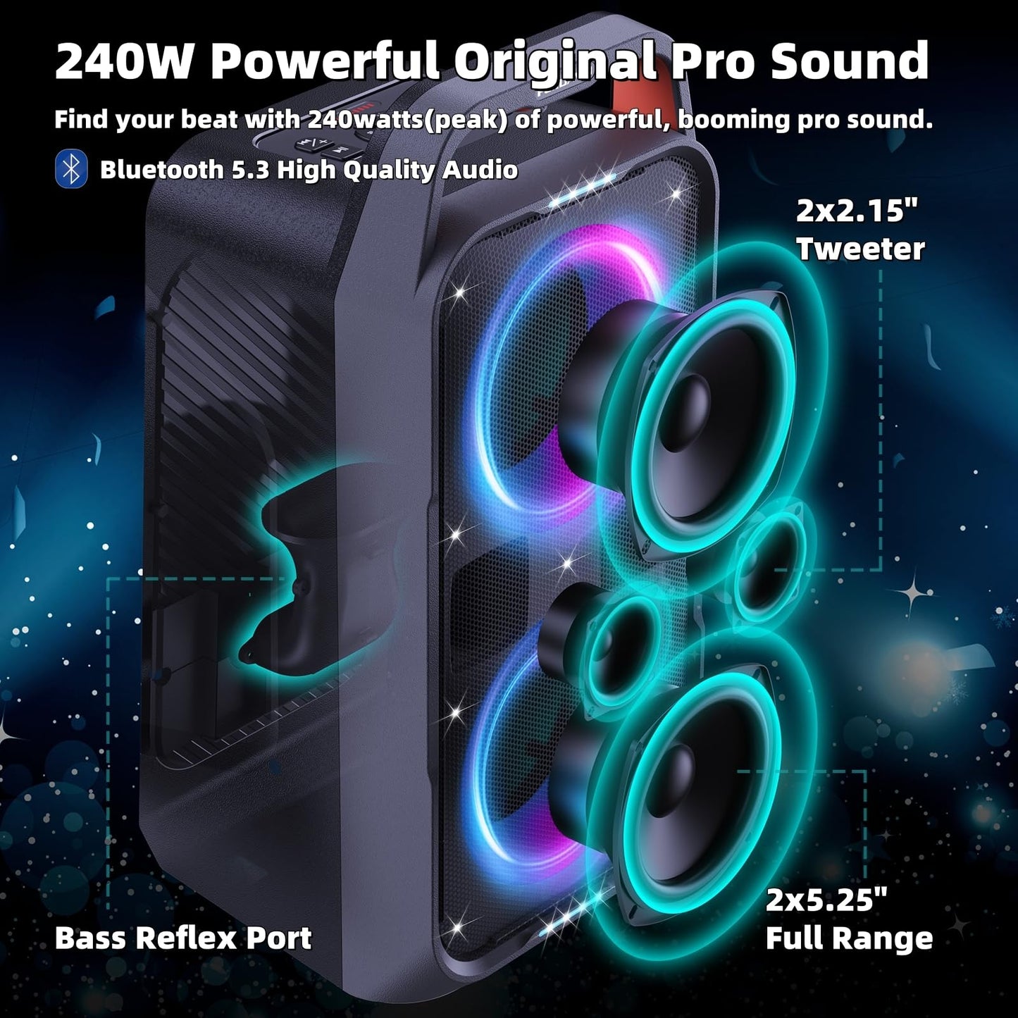 Foxdawn Portable Bluetooth Speaker: 240W Peak Powerful Loud Sound Deep Bass Wireless Boombox Large Subwoofer 15 Hours Battery Life Fast Charging with Led Light Show for Party Outdoor Camping Backyard