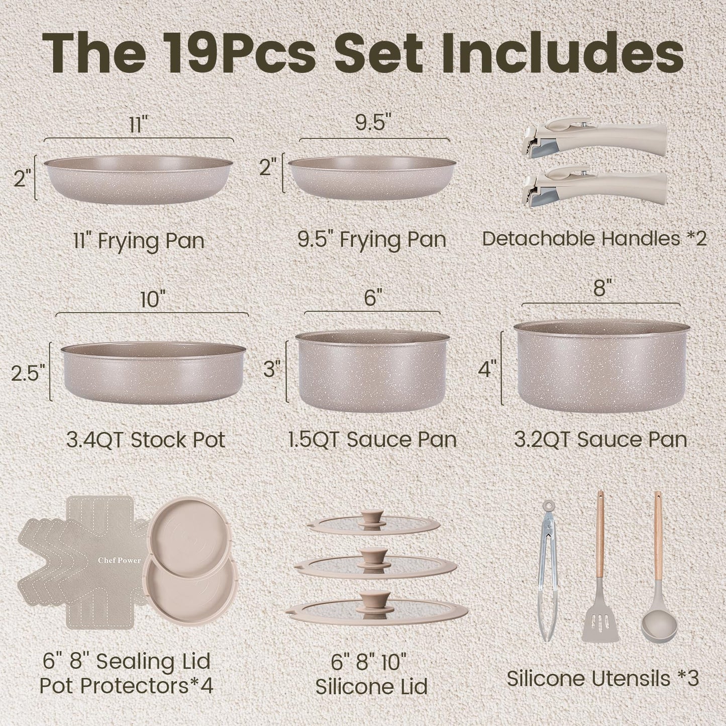 Chef Power Ceramic Nonstick Pots and Pans Set 19 Piece with Detachable Handle, Induction Dishwasher Oven Safe Cookware Set, RV Kitchen Set Removable Handle, Mocca Taupe