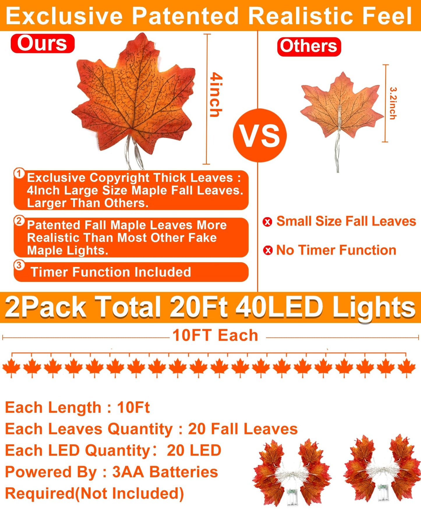 TURNMEON 2 Pack Fall Decor Enlarged Maples Leafed Fall Decorations for Home Fall Lights Thick Leafs Garlands, Total 20Ft 40LED Battery Operated Waterproof Thanksgiving Halloween Decor Indoor Outdoor
