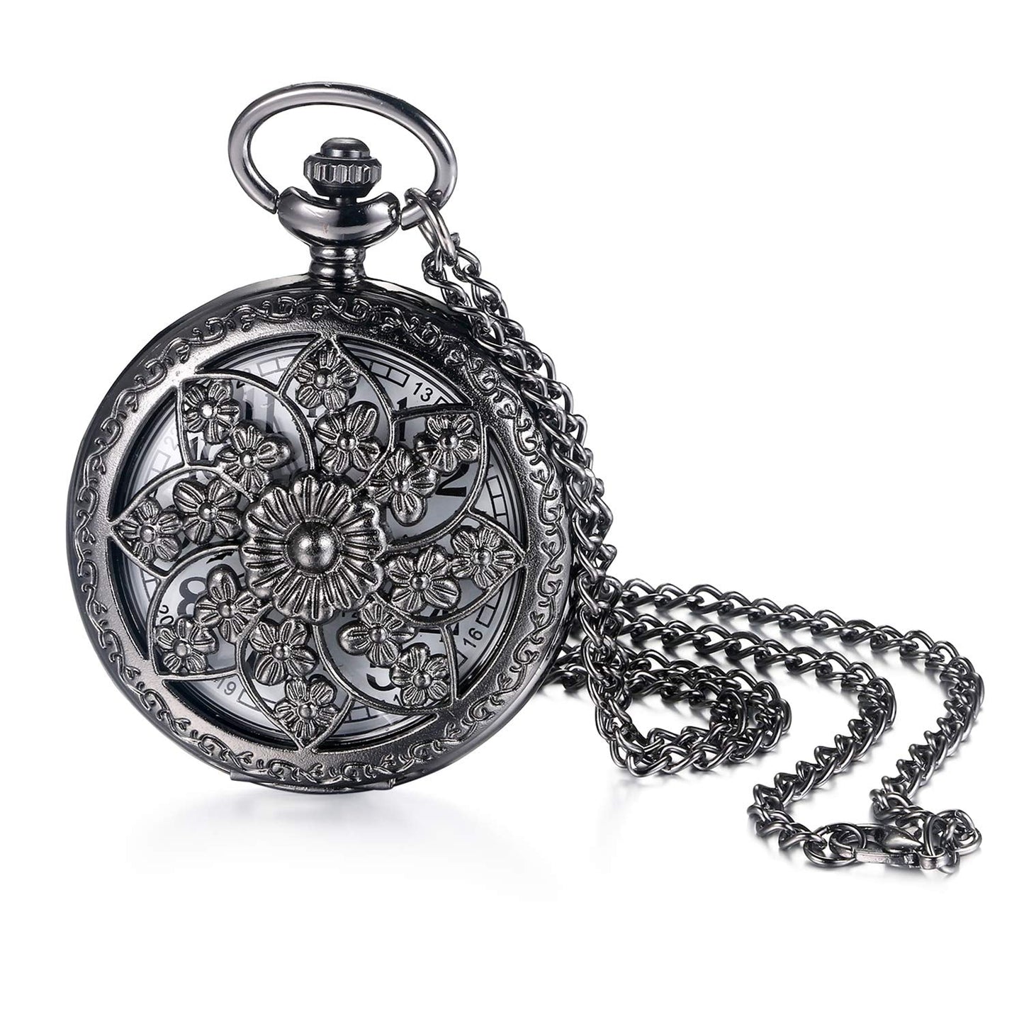 JewelryWe Retro Bronze Flower Openwork Cover Quartz Pocket Watch with 32.3 Inch Chain