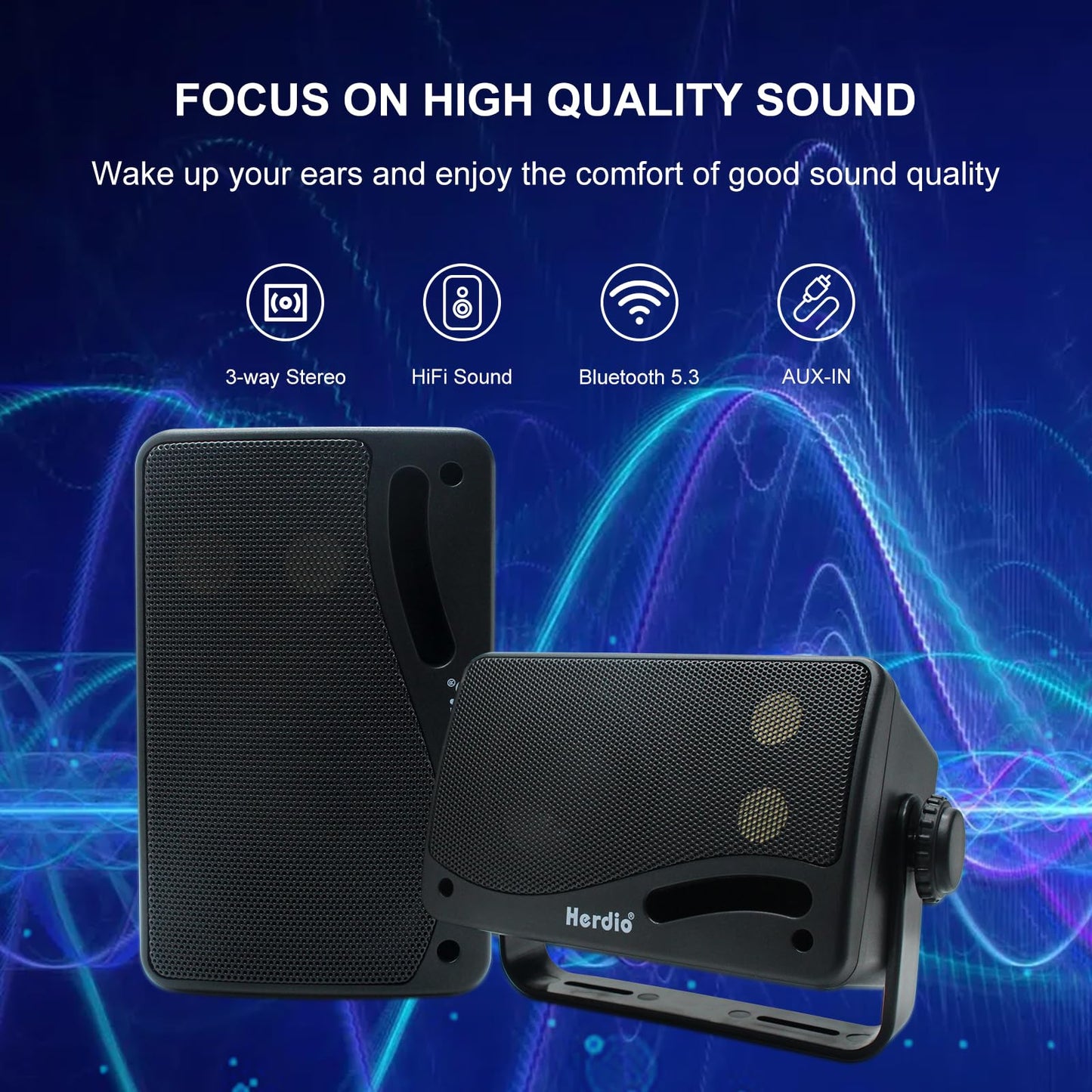 Herdio 3.5" Outdoor Bluetooth Speakers Wired Waterproof, 200W 3 Way Upgrade Premium Wall Mount Speakers, Durable Mountable Loud Sound System for Patio Indoor Deck Garage (Black Pair)