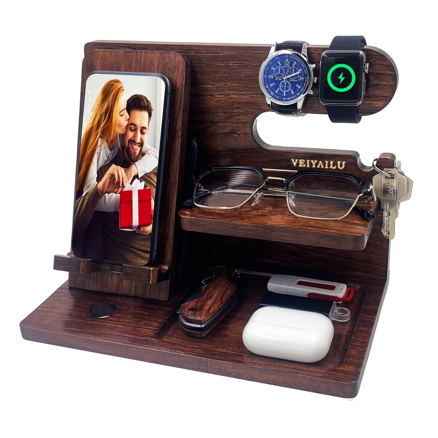 Gifts for Men Women Brother Boss Boyfriend Him Nightstand Organizer Gifts for Dad from Daughter Son Wood Phone Docking Station (Dark Brown)