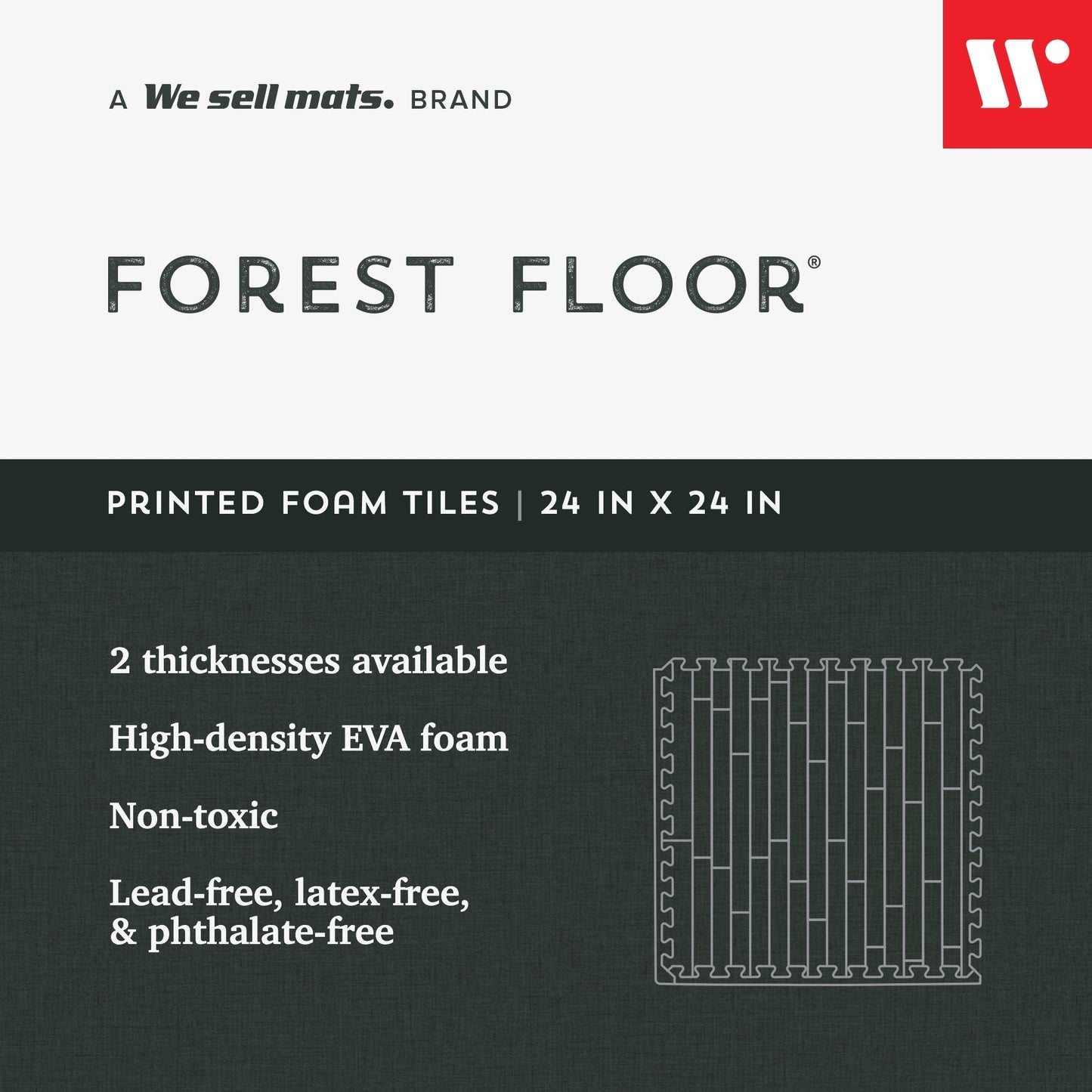 Forest Floor 5/8 Inch Thick Printed Foam Tiles, Premium Wood Grain Interlocking Foam Floor Mats, Anti-Fatigue Flooring, Carbon, 16 Sq Ft