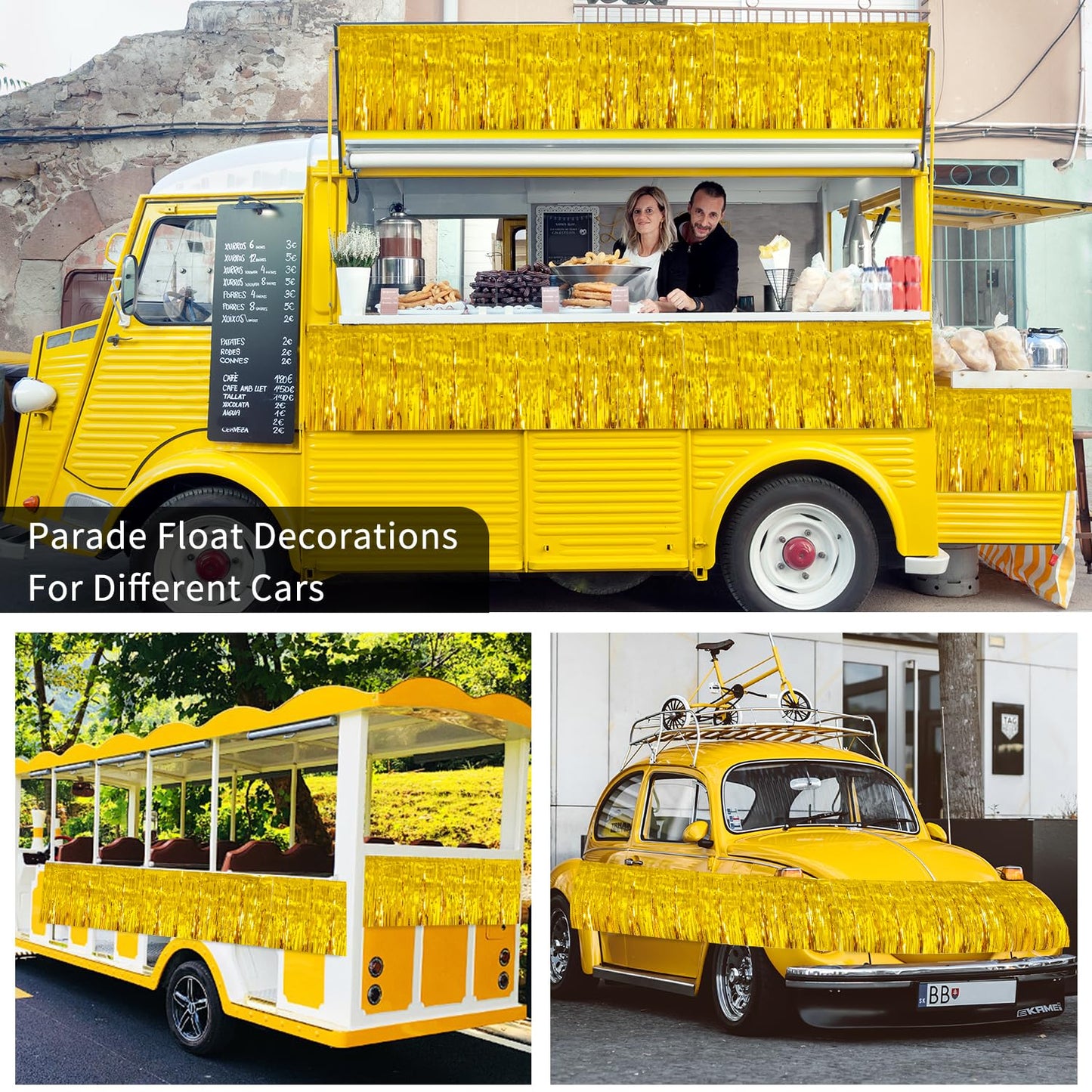 YUKL Gold Birthday Decorations Tinsel Garland Parade Float Decorations for Trailer 4Pack 12FT Christmas Party Decor Ceiling Fringe Banner Backdrop for Streamers Party Decorations