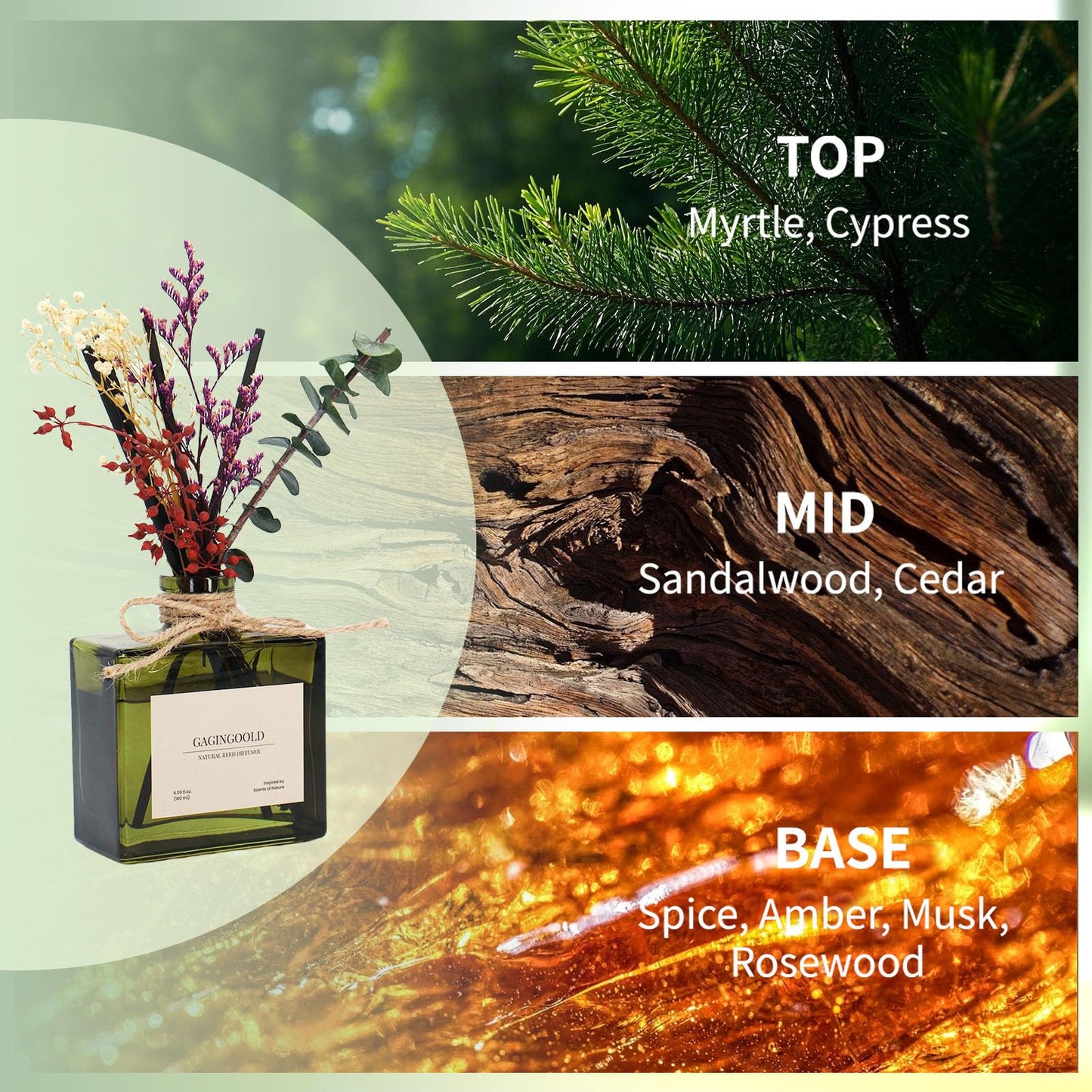 GAGINGOOLD Reed Diffuser, 6.09 oz Sandalwood Scent Diffuser with Sticks & Dried Flowers, 120 Days Long Lasting Reed diffusers for Home, Elegant Fragrance for Bathroom Bedroom Office Decor, air Fresh