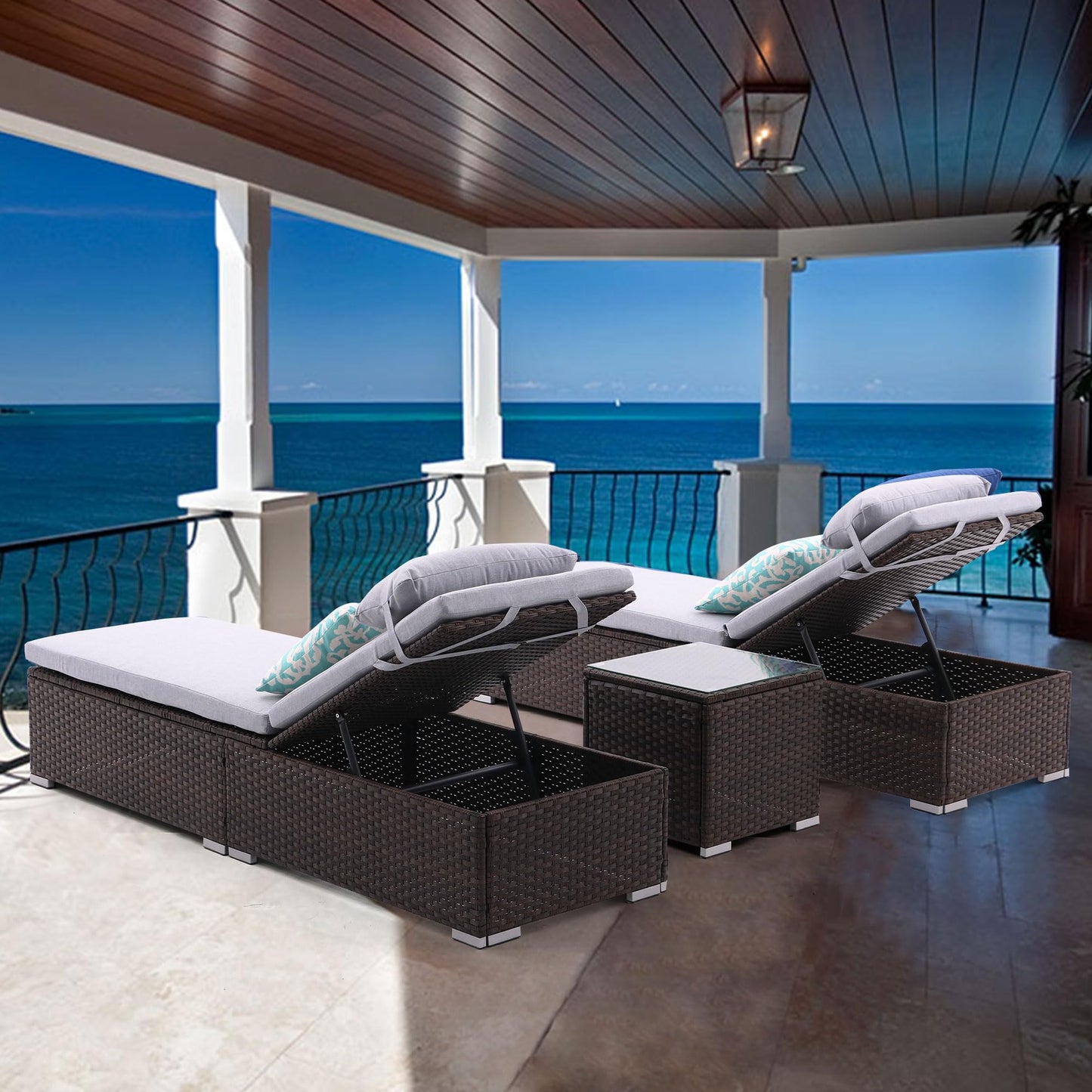 iArtHand 3 Pcs Patio Chaise Lounge with Coffee Table Cushion&Pillow Outdoor Lounge Chair Chaise Lounger Patio Reclining Chair 5 Angle Adjustment Brown Rattan for Courtyards Poolside Garden