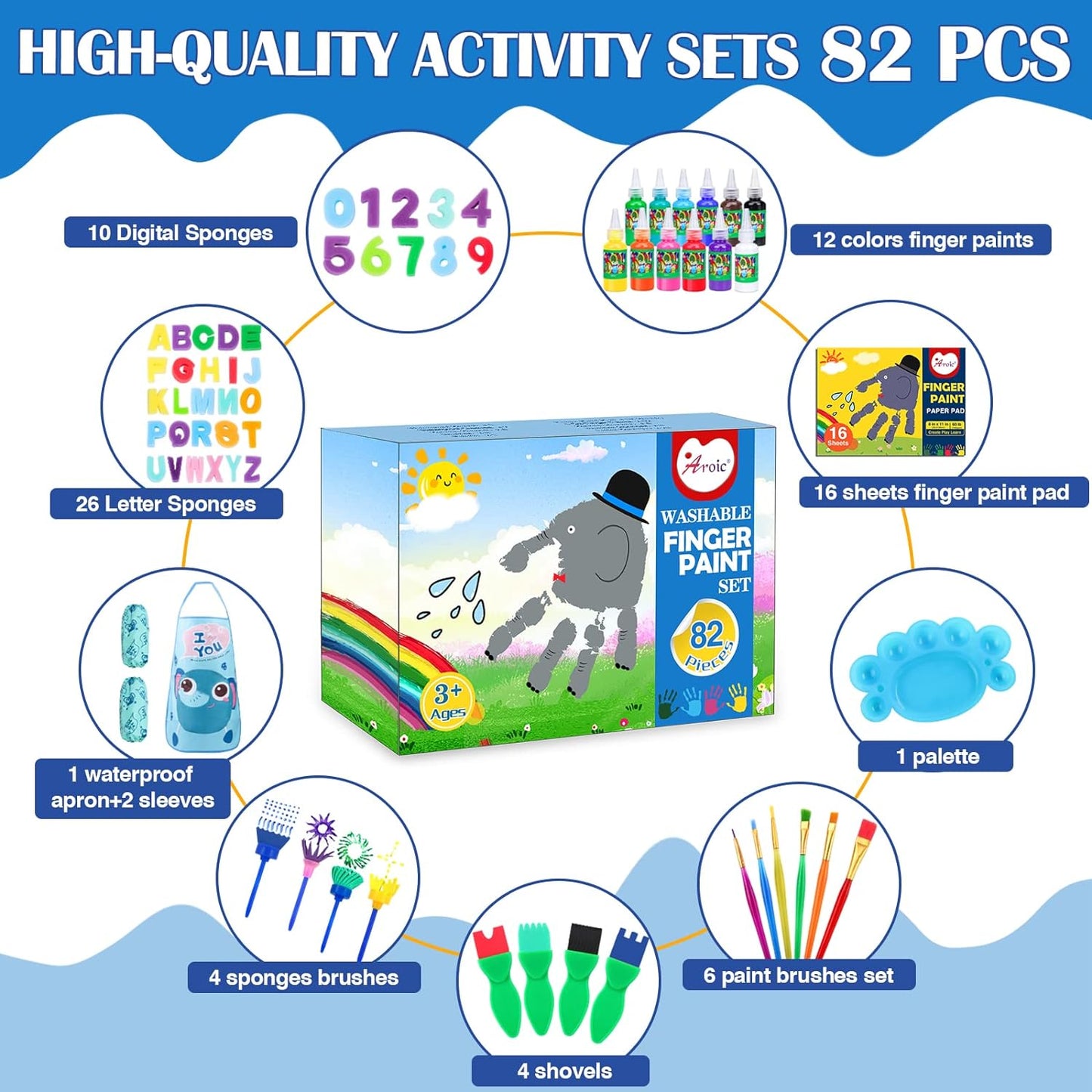 AROIC Washable Finger Paint Set, 82 Pack Washable Kids Paint Set with 12 Color Finger Paints, Sponges, Paint Brushes, Waterproof Paint Apron, Palette Paper for Toddler, Drawing Gifts Age 3+