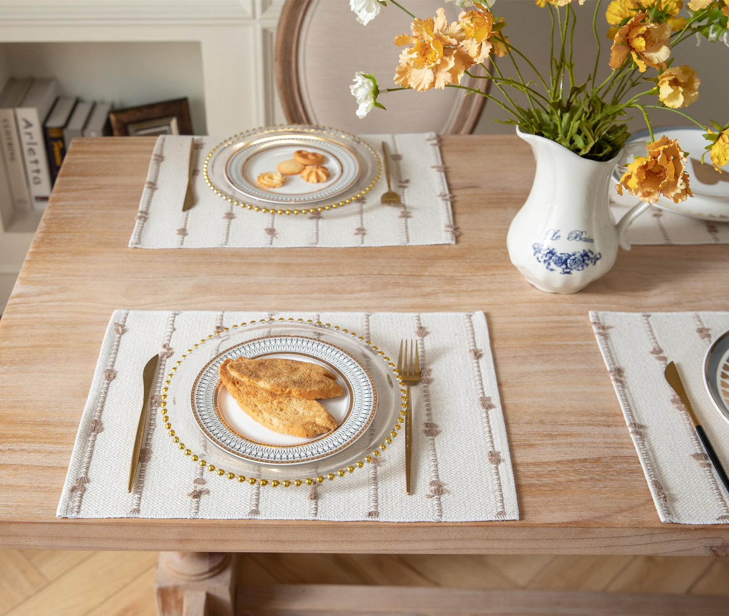 Boho Placemats Set of 6 for Dining Table Decor, Woven Cloth Place Mats for Farmhouse Rustic Kitche Home Decor, Cotton Placemats 13 x 19 Inch, Taupe and Beige Table mats