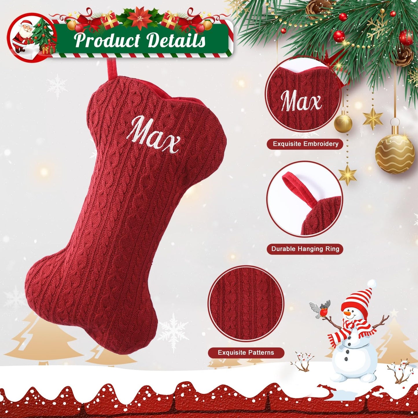 Tarwanear Personalized Dog Christmas Stocking,Large Bone Shape Cable Knit Custom Name Embroidered Pet Xmas Stockings,Christmas Decorations Fireplace Hanging Stockings Family Holiday Stockings(1 Pack)