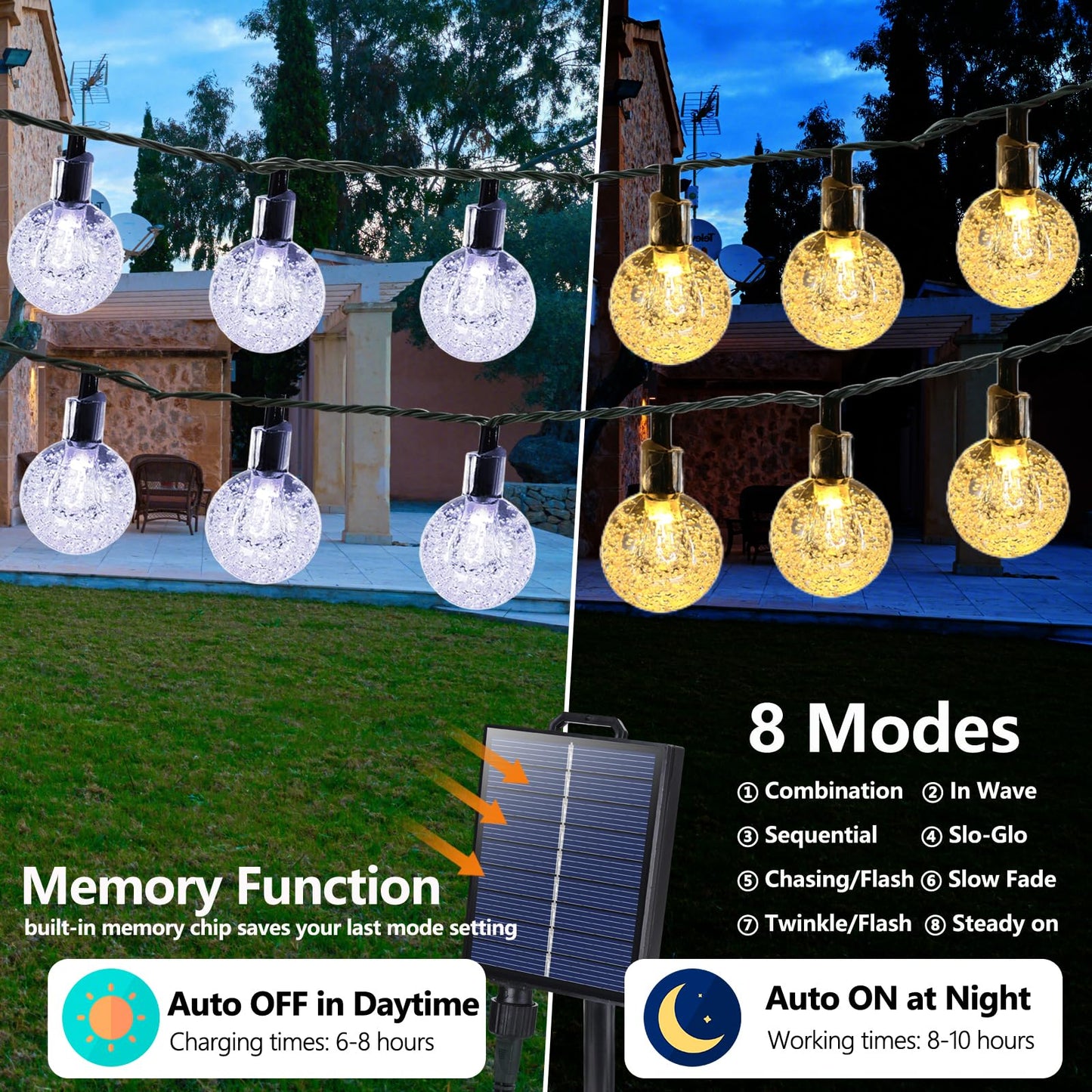 Joomer Solar String Lights Outdoor, 65FT 100LED Solar Globe String Lights 8 Lighting Modes, Waterproof Solar Powered Patio Light for Garden Yard Porch Wedding Party Outdoor Decoration (Warm White)