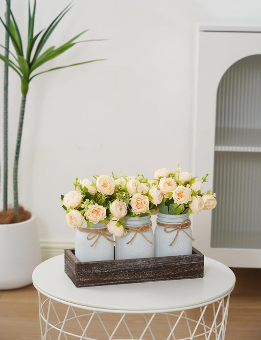 KIVIVO Mason Jar Centerpiece Table Decorations, Kitchen Table Centerpieces for Dining Room, Spring Coffee Table Decor with Peonies Artificial Flowers, Wood Tray, Farmhouse Centerpieces for Tables