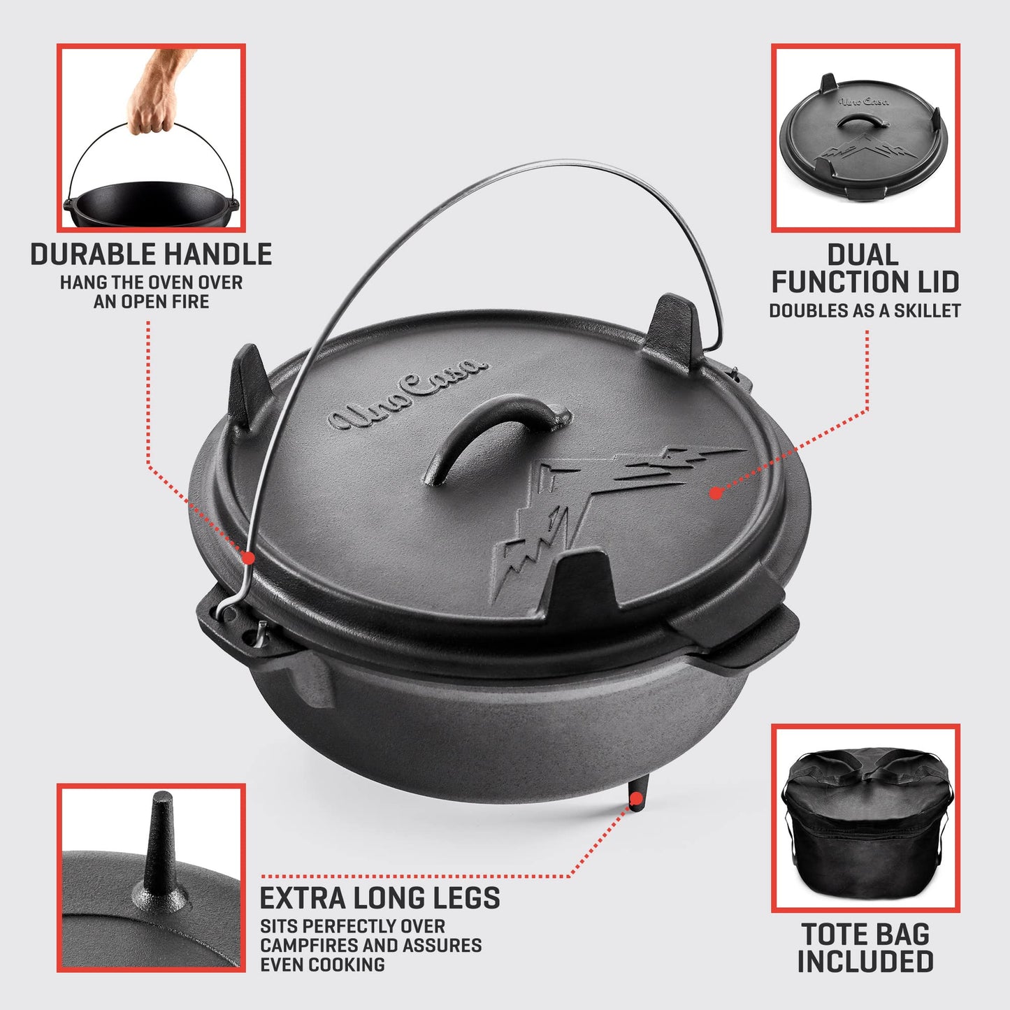 Uno Casa 6Qt Cast Iron Camping Dutch Oven with Lid Lifter and Storage Bag - Pre-Seasoned Outdoor Dutch Oven for Campfire Cooking, Stews, and Baking - Durable Cast Iron Pot for Camping and Hiking