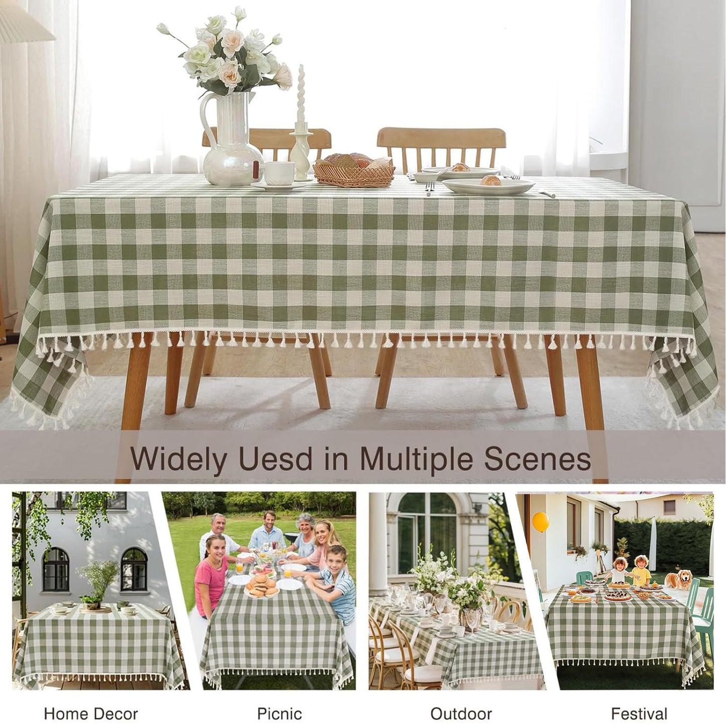 JIALE Spring Checkered Table Cloth Rectangle Cotton Linen Fabric Gingham Tablecloth with Tassel Washable Wrinkle Free Buffalo Plaid Table Cover for Picnic Kitchen Dining, Green, 55x75''