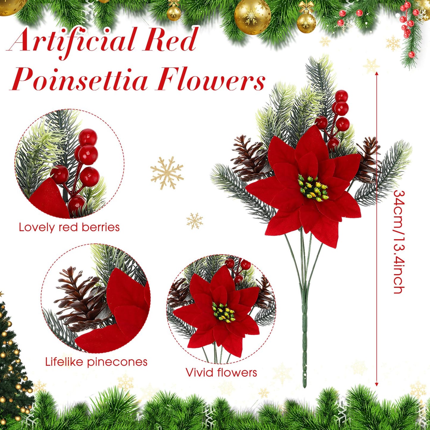 Yuxung 4 Pcs 13.4 Inch Red Poinsettia Artificial Christmas Flowers Bouquet with Pine Cone Red Berry Pine Needle Artificial Plants Christmas Decor for Craft Xmas Tree Garland Home Indoor Outdoor