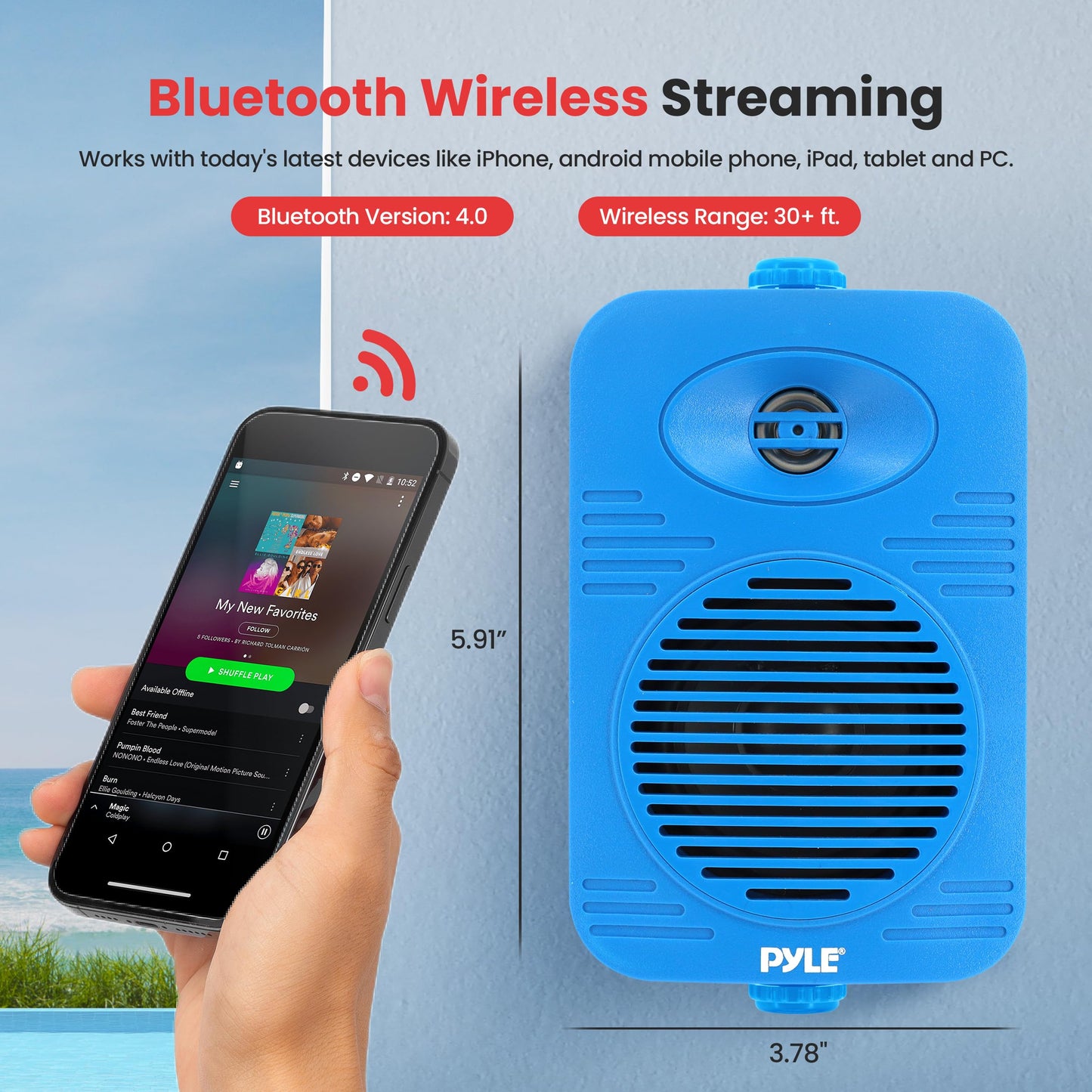 Pyle 300 Watt Bluetooth Indoor Outdoor Speakers Pair - Dual Waterproof 4” 2-Way Full Range Speaker System w/ 1/2” High Compliance Polymer Tweeter | Home, Boat, Marine, Deck, Patio, Poolside (Blue)