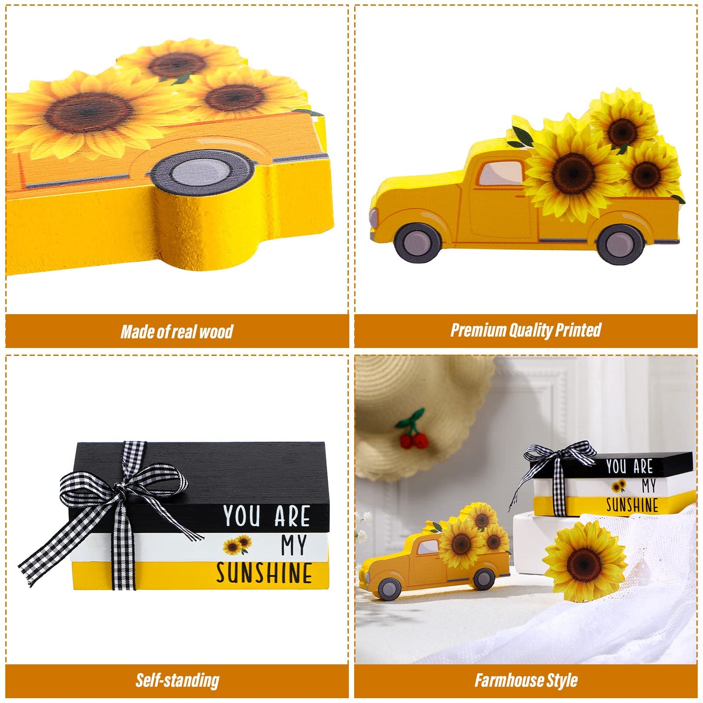 Yookeer 5 Pieces Farmhouse Tiered Tray Decor Items Rustic Wooden Mini Truck Bundle Books Stack Sign for Summer Spring Home Harvest Table Shelf Decorations(Sunflower Style)