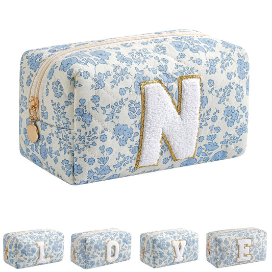 JOVAKIT Alphabet Makeup Bag Cosmetic Bag for Women, Christmas Gifts for Girls Age 6-18, Floral Flowers Coquette Travel Toiletry Zipper Make Up Pouch Organizer Trendy Stuff (Blue Floral M)