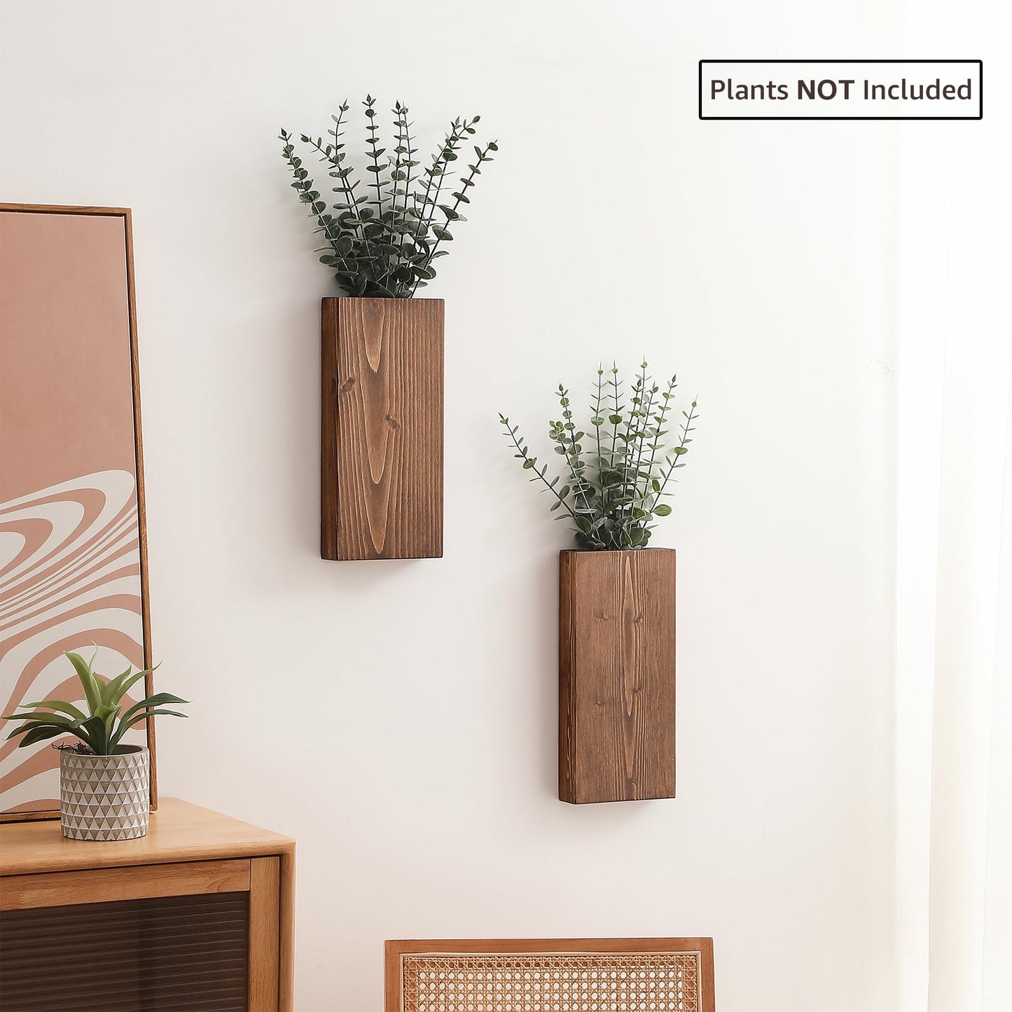 Wood Wall Planter Set of 2, Wall Pocket for Greenery and Dried Flowers, Indoor Wood Hanging Vase, Modern Farmhouse Wall Decor for Living Room Bedroom Office Eucalyptus Stems Decorations (Walnut)