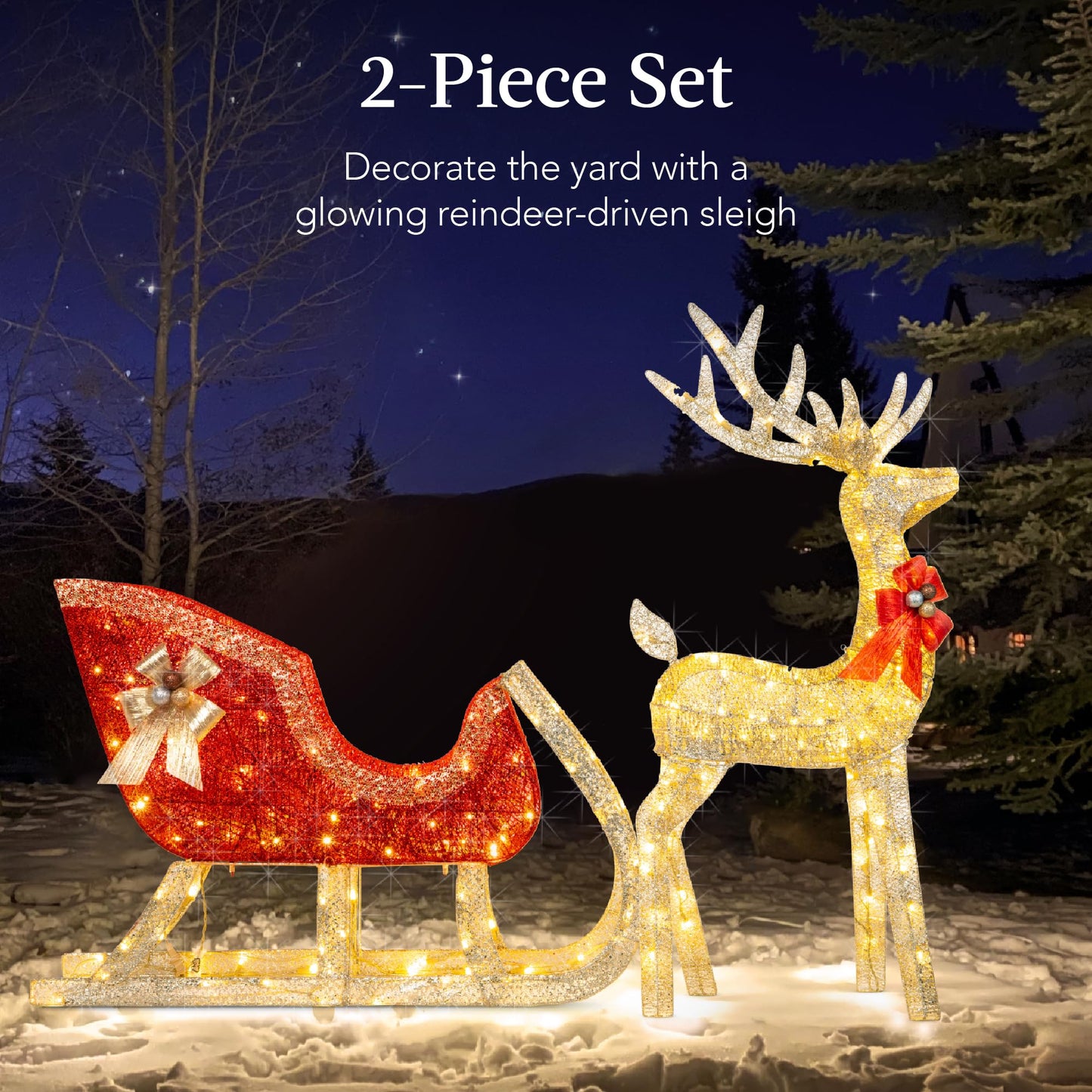 Best Choice Products Lighted Christmas 4ft Reindeer & Sleigh Outdoor Yard Decoration Set w/ 205 LED Lights, Stakes, Zip Ties - Gold