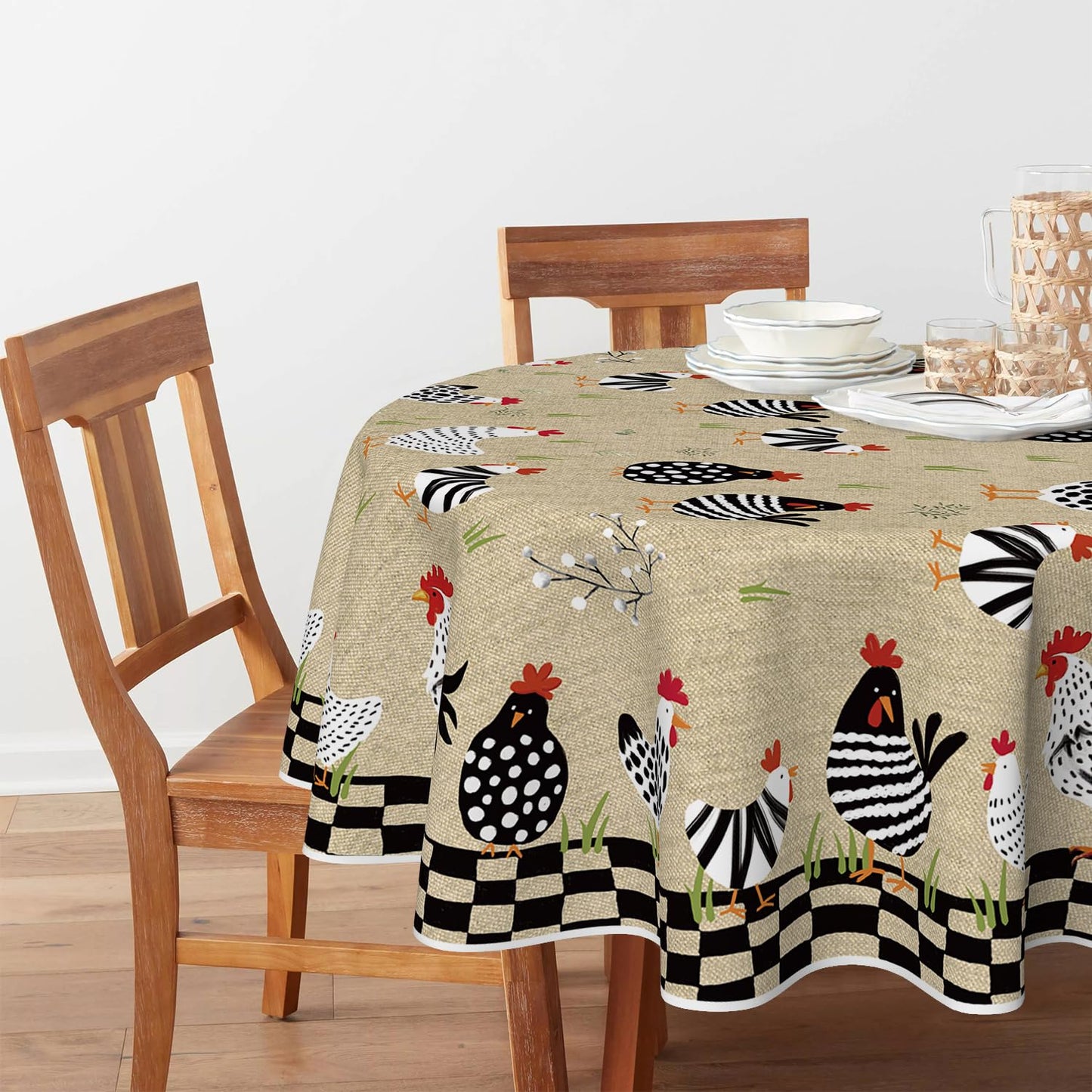 Horaldaily Rooster Rustic Country Tablecloth 70×70 Inch Round, Rooster Flax Washable Seasonal Table Cover for Party Picnic Dinner Decor
