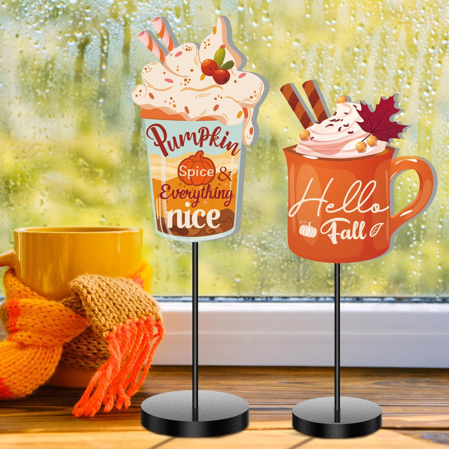 3 Pcs Fall Wood Table Decor Fall Coffee Bar Decor Pumpkin Mug Maple Leaf Wooden Sign Thanksgiving Table Centerpieces for Autumn Thanksgiving Decorations Indoor Outdoor