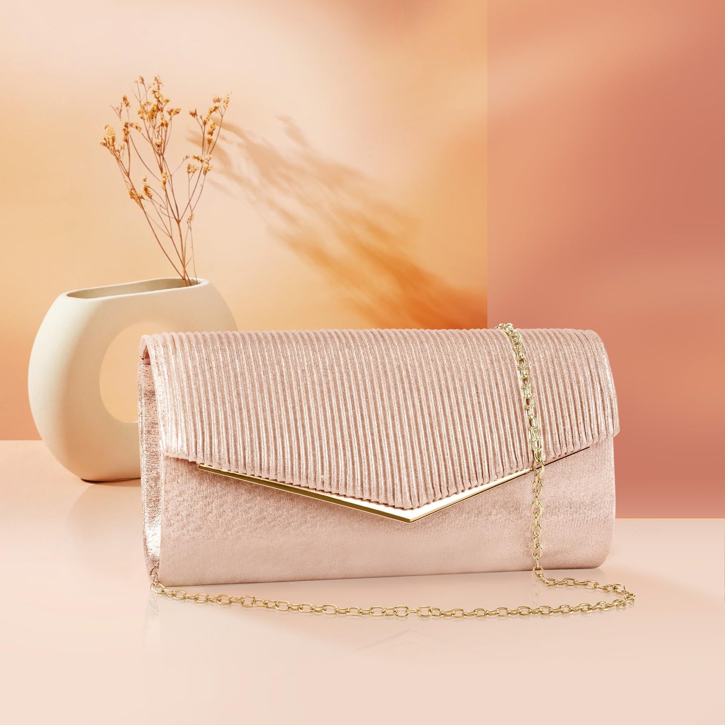 Larcenciel Clutch Purses for Women, Sparkly Envelope Evening Bag with Chain, Chic Vertical Lines Ladies Crossbody Handbags Money Phone Purse for Prom Party Wedding Cocktail, 9.05x1.97x4.72in (Silver)