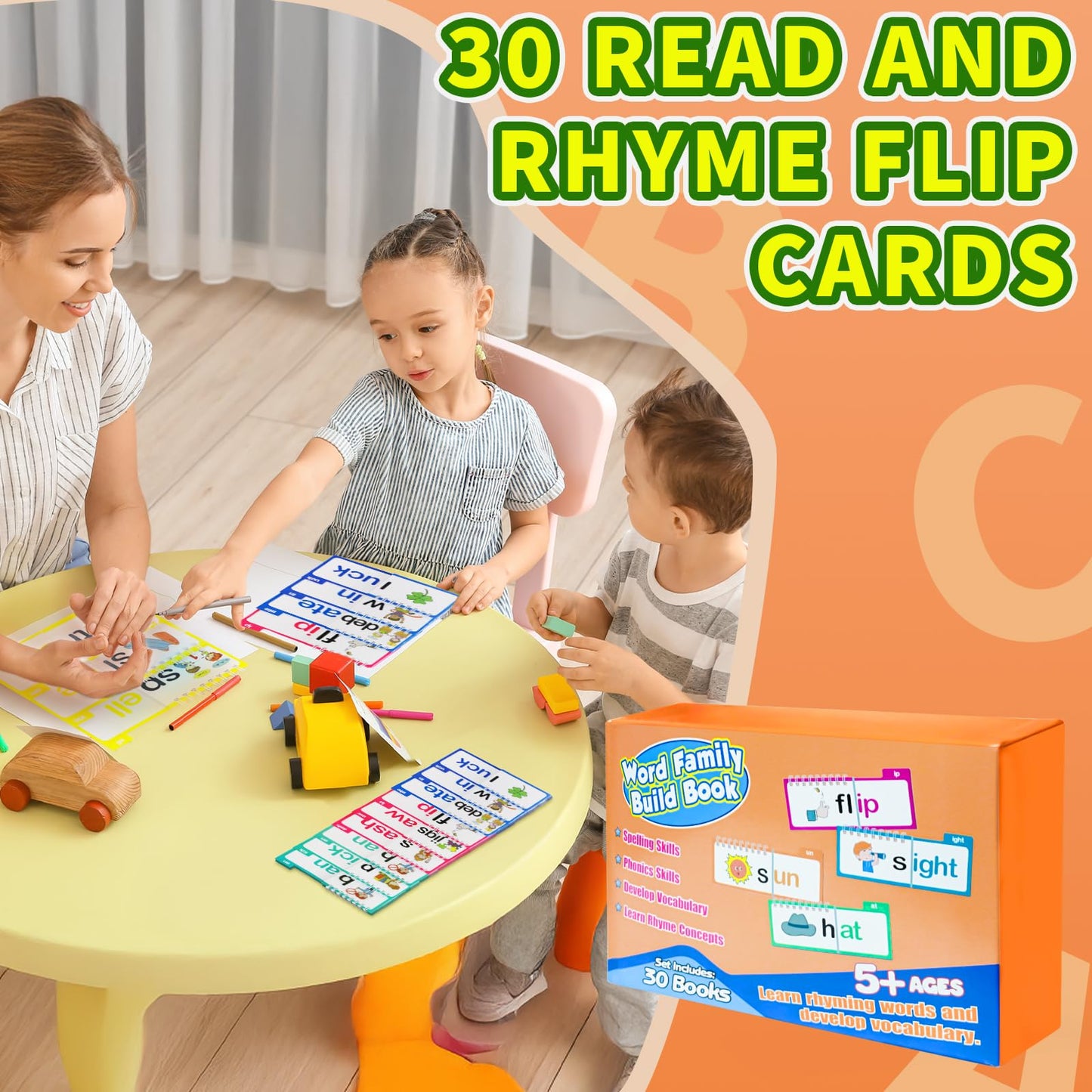 30 Read and Rhyme Flip Books - Word Family Flip Books, Read and Rhyme Flip Cards, ABC Vocabulary Flash Cards for Educational Reading Games