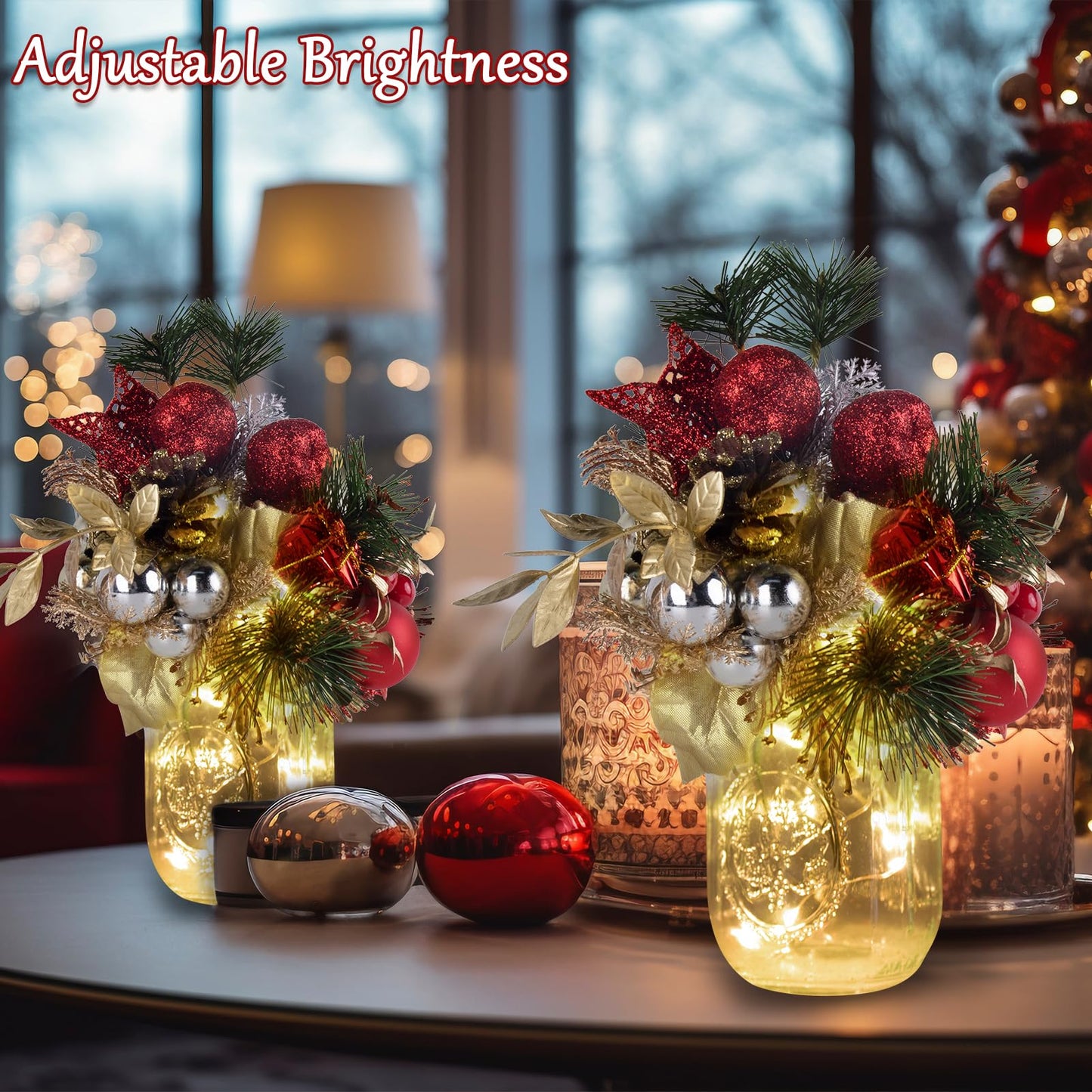 TqsMsp 2Pcs Christmas Mason Jar Wall Sconces, Handmade Rustic Wall Sconces with Remote Control Timer LED Fairy Lights and Red Berry Flowers, Hanging Mason Jar for Xmas Rustic Home Wall Decor (Gold)