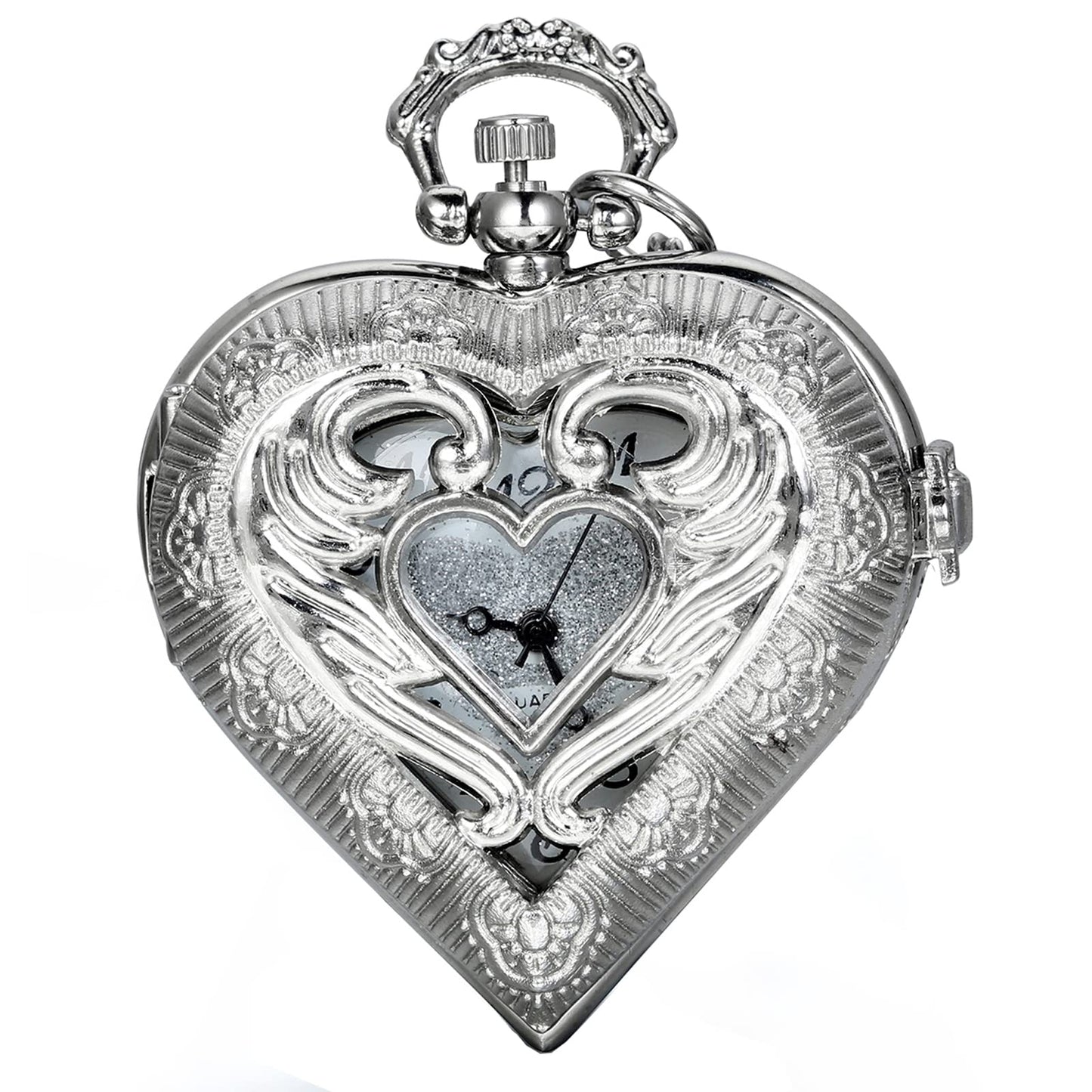 JewelryWe Vintage Silver Tone Heart Locket Style Pendant Pocket Watch Necklace for Lady Women, 30-inch Chain for Christmas