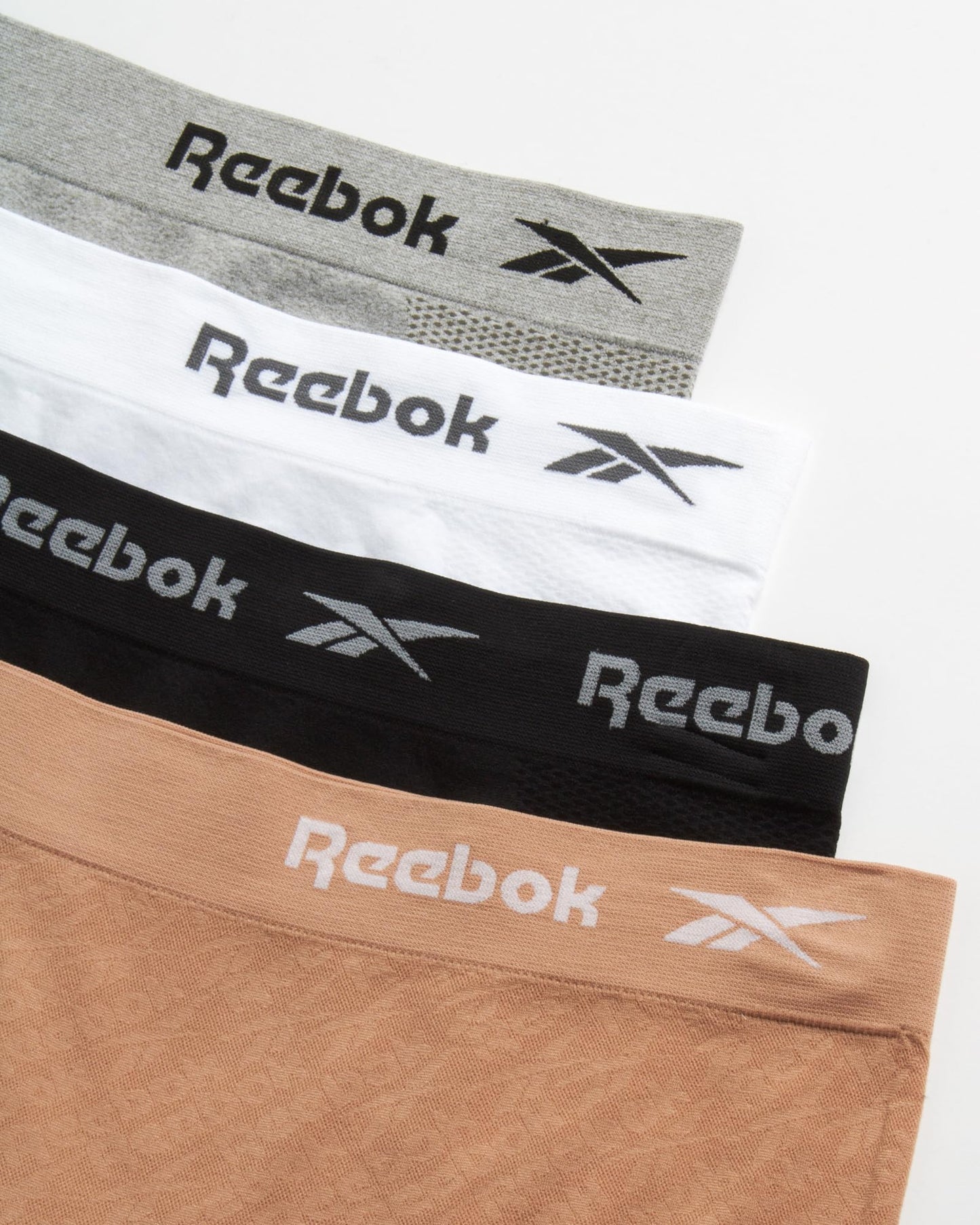Reebok Womens Boy Shorts Underwear - 4 Pack Seamless Long Leg Boyshorts Panties for Women (S-3X, available in Plus Size), Size Small, Cafe/Black/White/Light Grey Melange