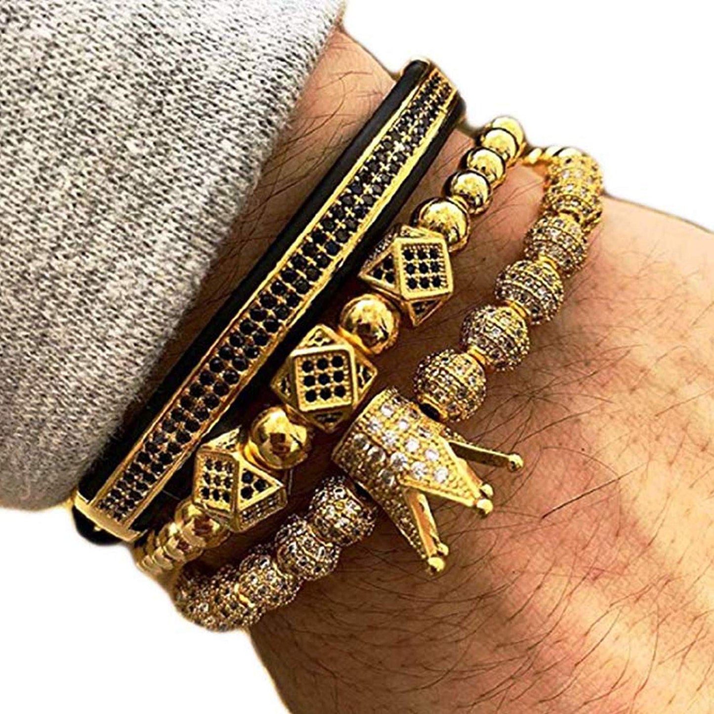 GVUSMIL Luxury CZ Imperial Gold Crown Bracelets Set King Royal Style with 8mm Zirconia Beads Braided Pulseira Bangle Charm Jewelry for Men