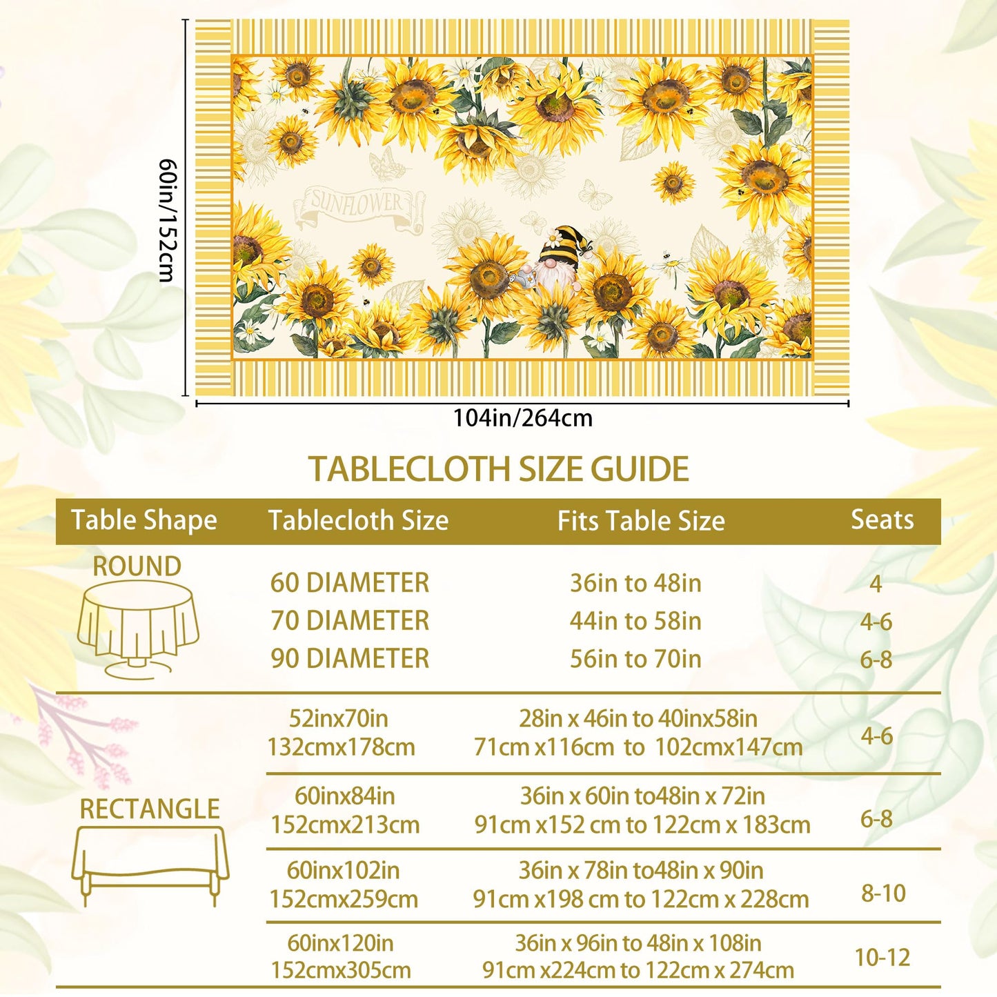 Hexagram Sunflower Tablecloth Rectangle 60x104 Inch Summer and Spring Yellow Floral Table Cloth Farmhouse Season for Home Kitchen Dining Party Decorations