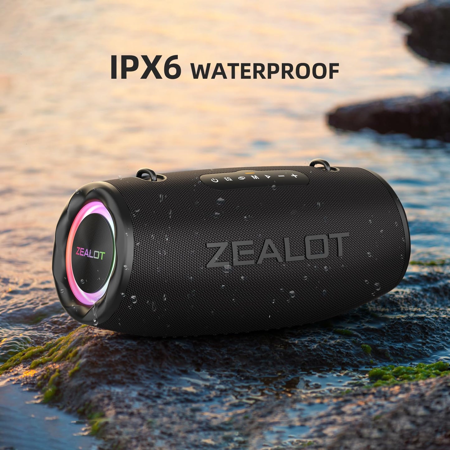 ZEALOT 80W Portable Bluetooth Speaker, Stereo Sound with Deep Bass,IPX6 Waterproof, LED Light,Bluetooth 5.2, Indoor/Outdoor Speaker for Party, Gathering, Pool, Camping,Travel (Black)