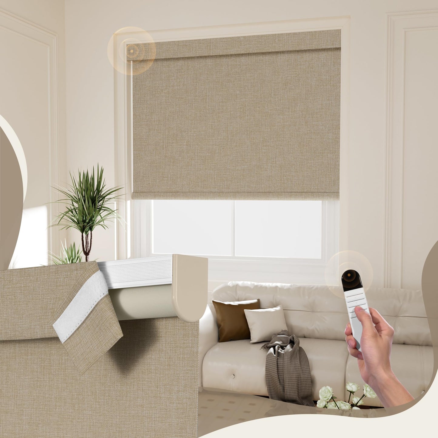 Boolegon Motorized 100% Blackout Roller Blinds with Remote, Smart Electric Window Shade, Compatible with Alexa, Google Home & Apple HomeKit via Hub, Easy Install for Home/Office, Beige, Custom Size