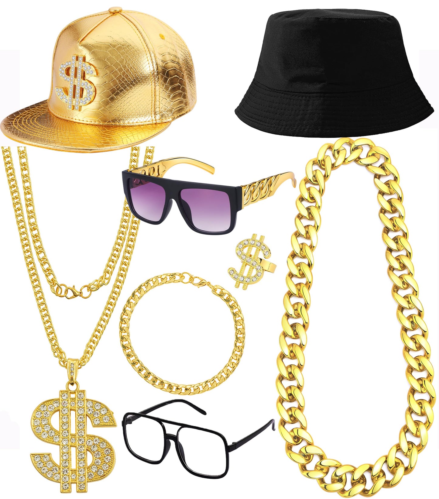 SONYYX 90s Hip Hop 80s Rapper Costume for Men Women Gold Dollar Sign Hat Money Necklace Rapper Outfit Accessories