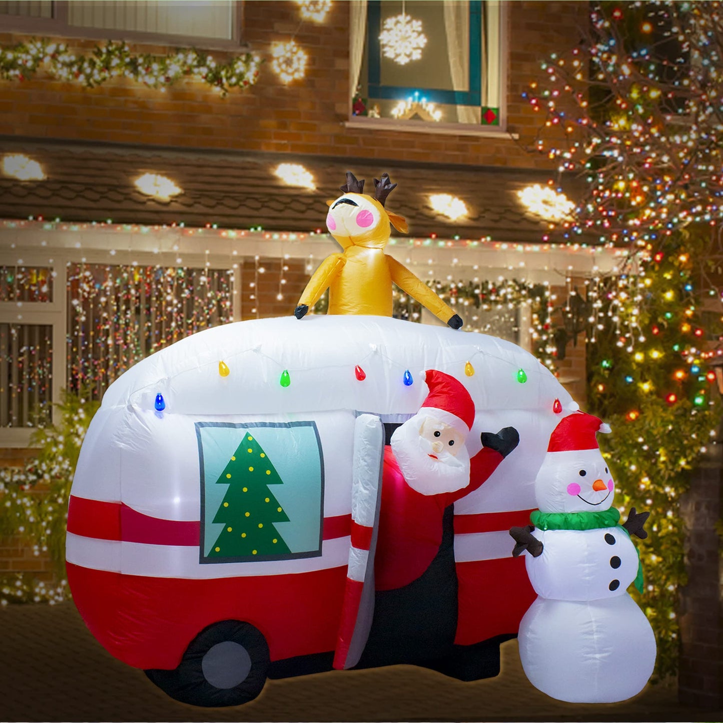 luxfcup 8FT Christmas Inflatable Santa Snowman Camper Inflatables Decoration with LED Lights Outdoor Yard to Blow Up Christmas Car Easter Decorations